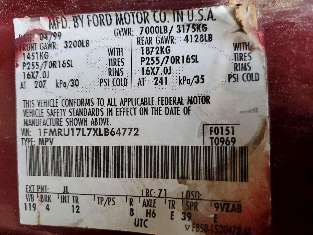 1999 Ford Expedition Maroon vin: 1FMRU17L7XLB64772