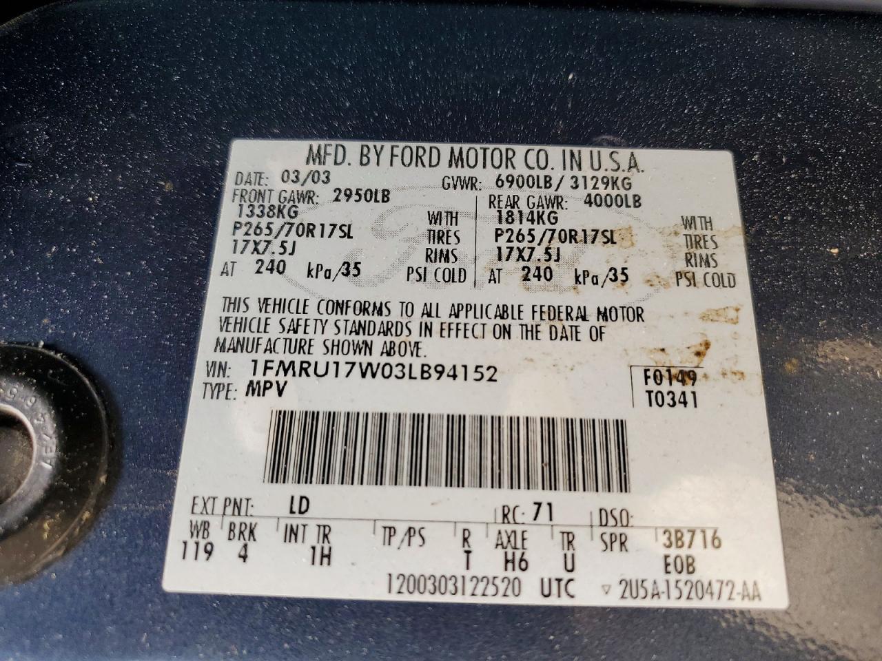 2003 Ford Expedition Eddie Bauer Blue vin: 1FMRU17W03LB94152