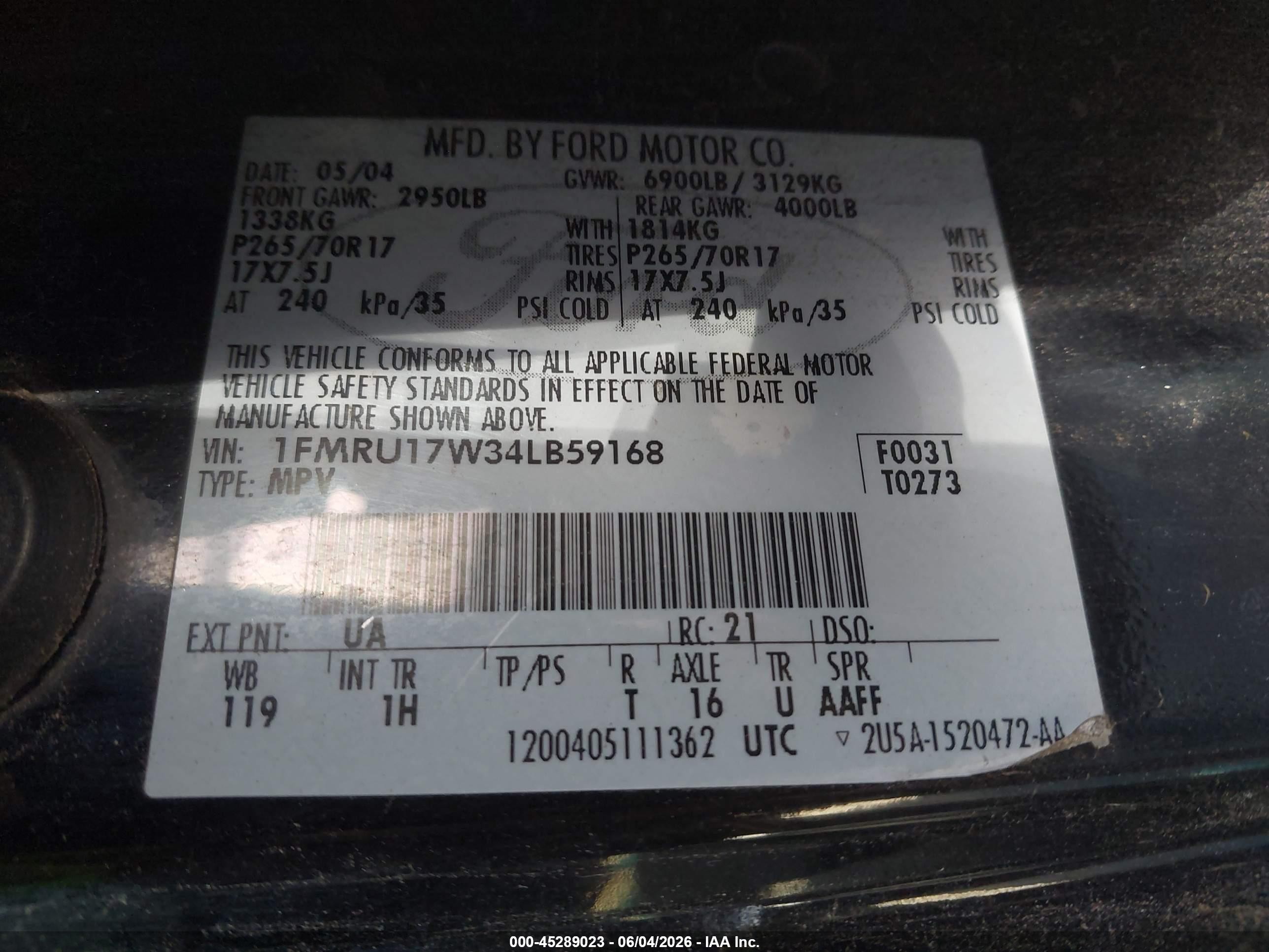 2004 Ford Expedition Eddie Bauer Black vin: 1FMRU17W34LB59168