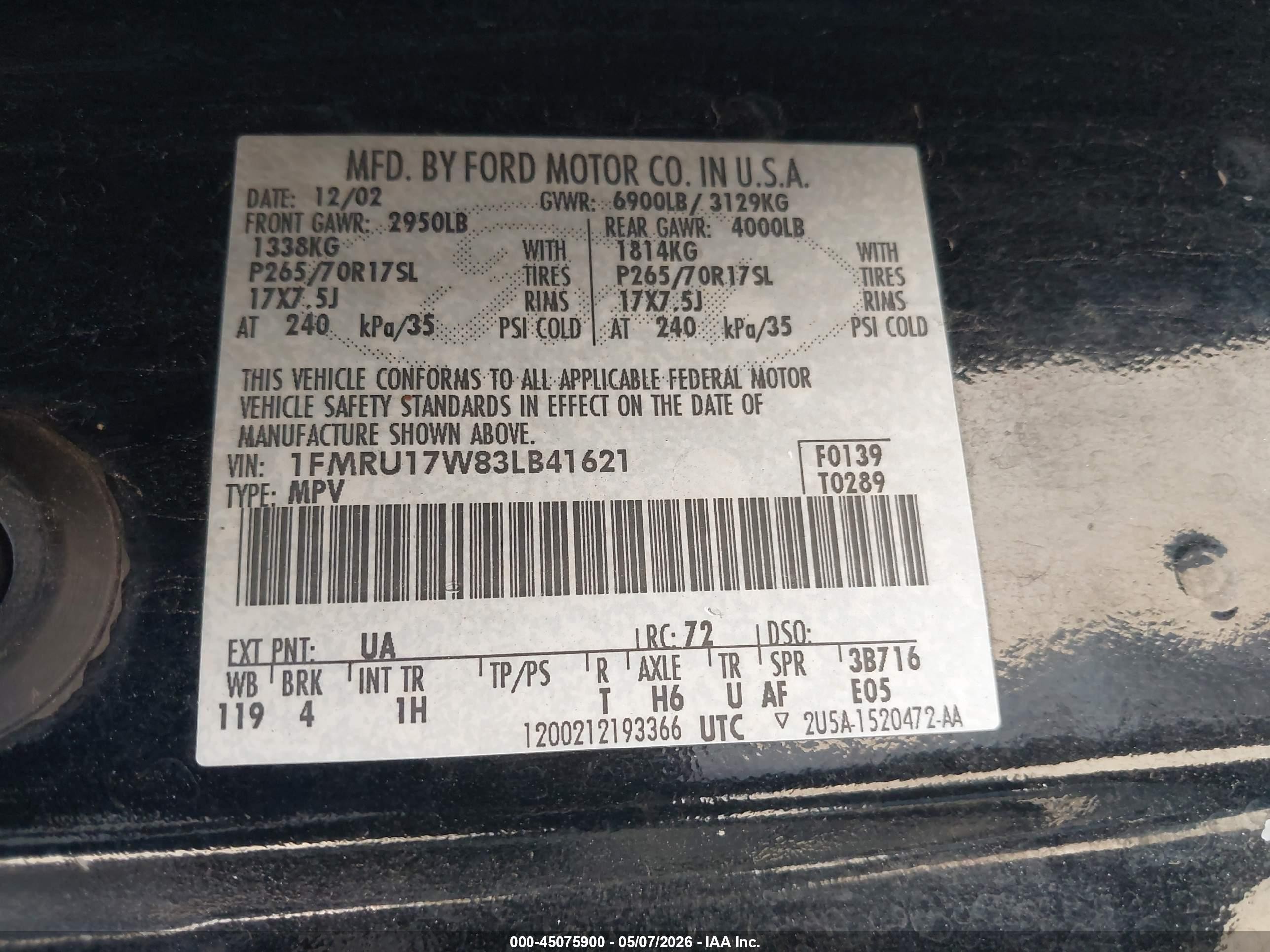 2003 Ford Expedition Eddie Bauer Black vin: 1FMRU17W83LB41621