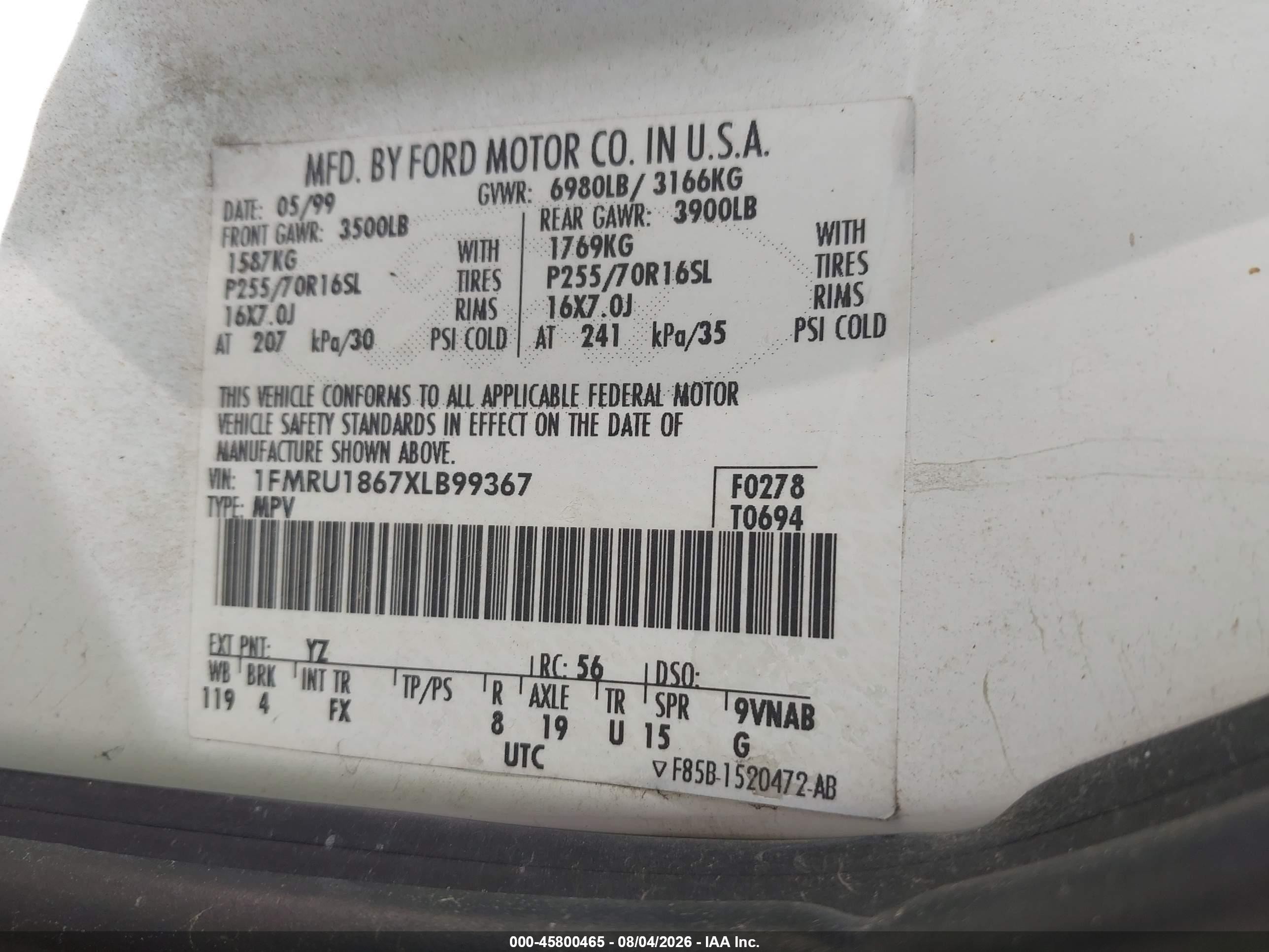 1999 Ford Expedition Xlt White vin: 1FMRU1867XLB99367