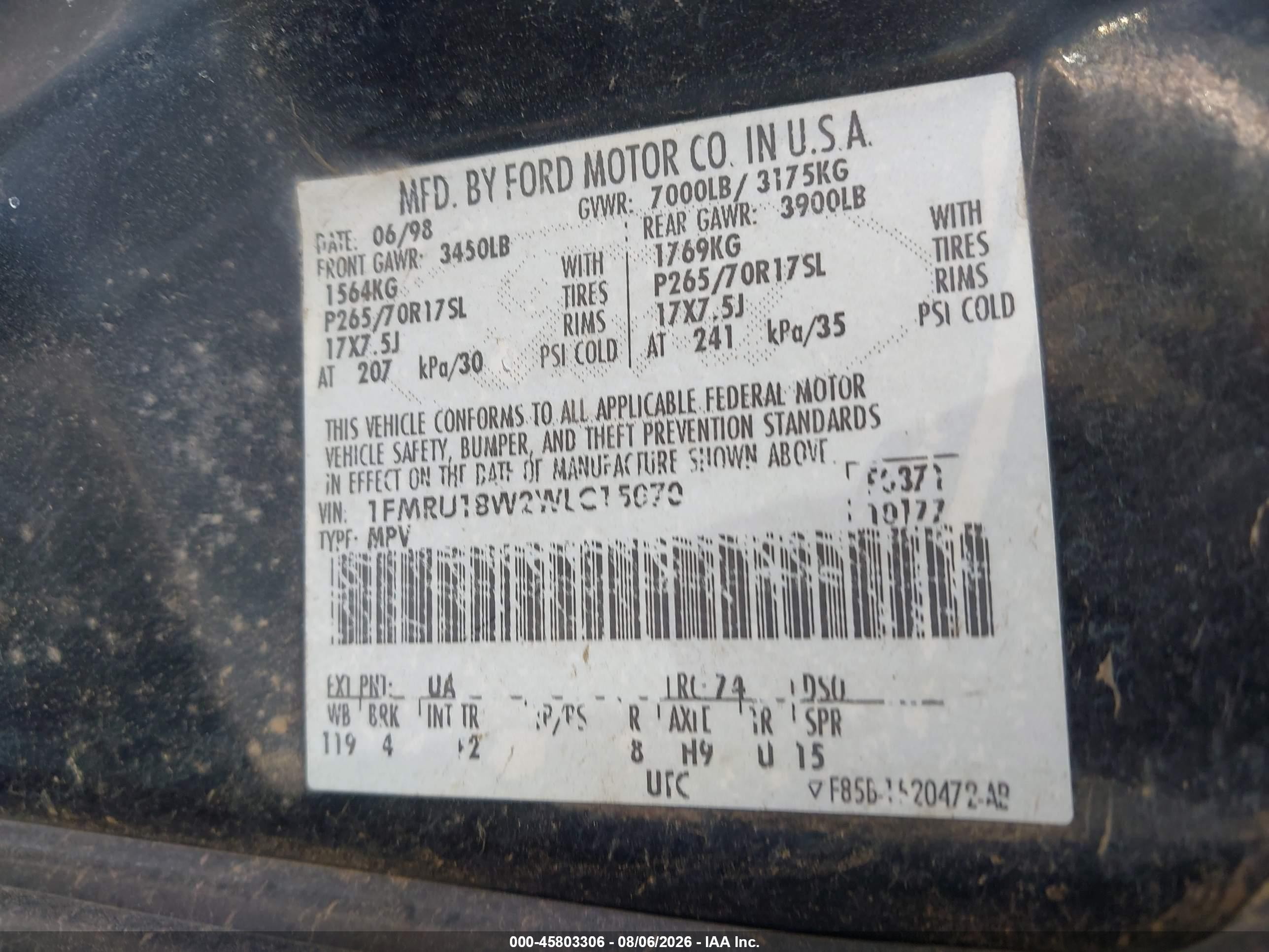 1998 Ford Expedition Eddie Bauer/xlt Черный vin: 1FMRU18W2WLC15070