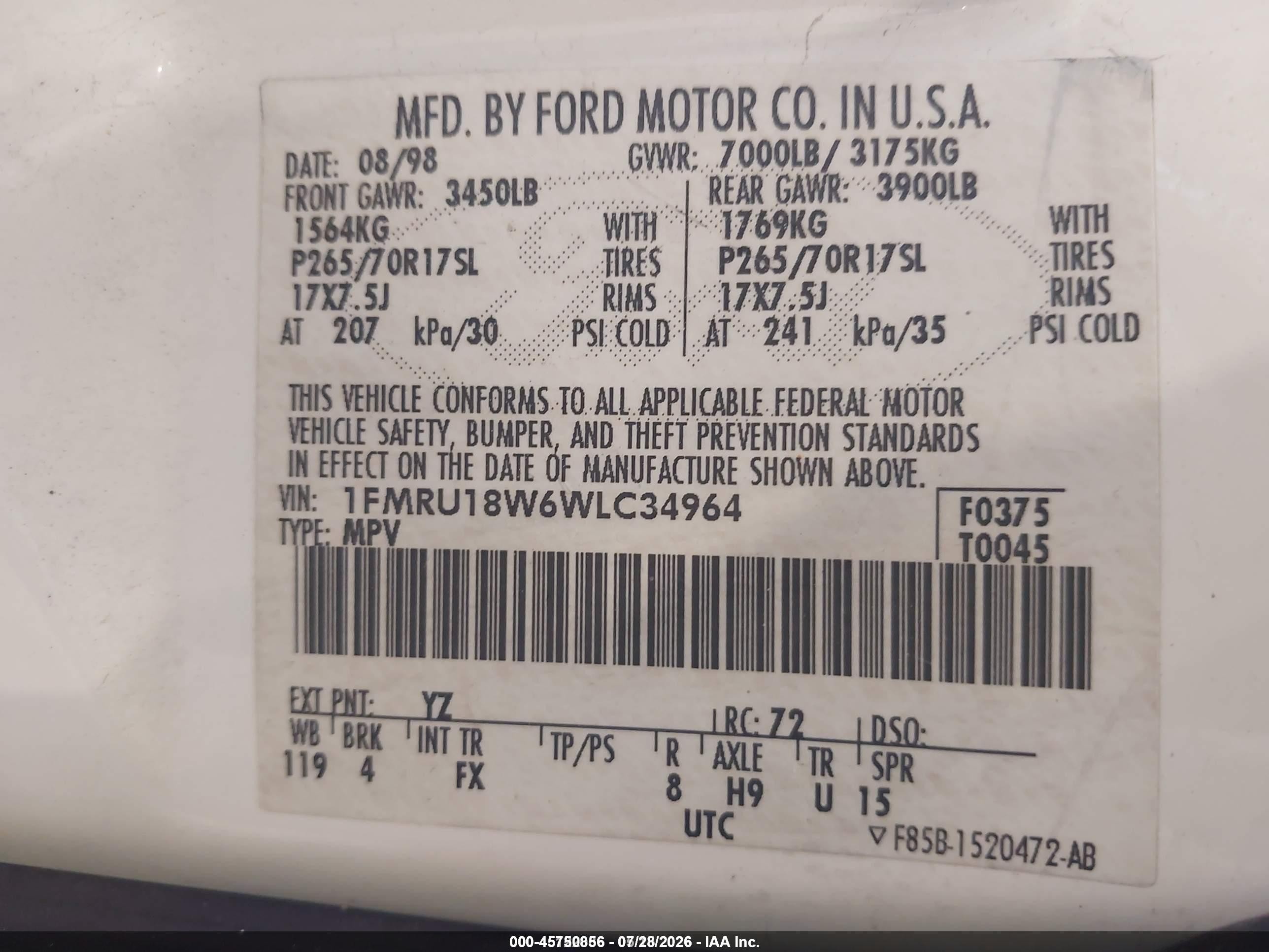 1998 Ford Expedition Eddie Bauer/xlt White vin: 1FMRU18W6WLC34964