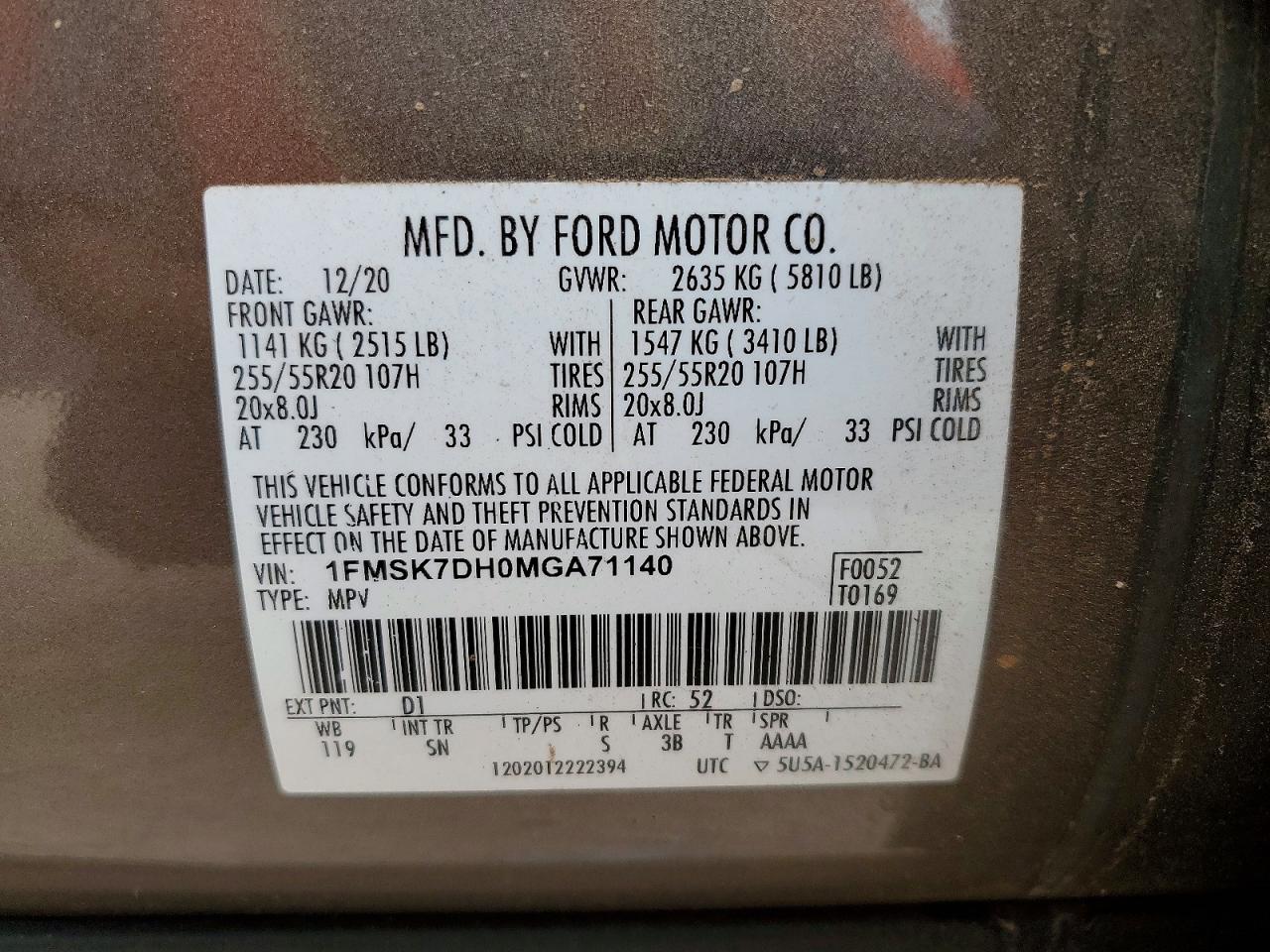 2021 Ford Explorer Xlt Brown vin: 1FMSK7DH0MGA71140