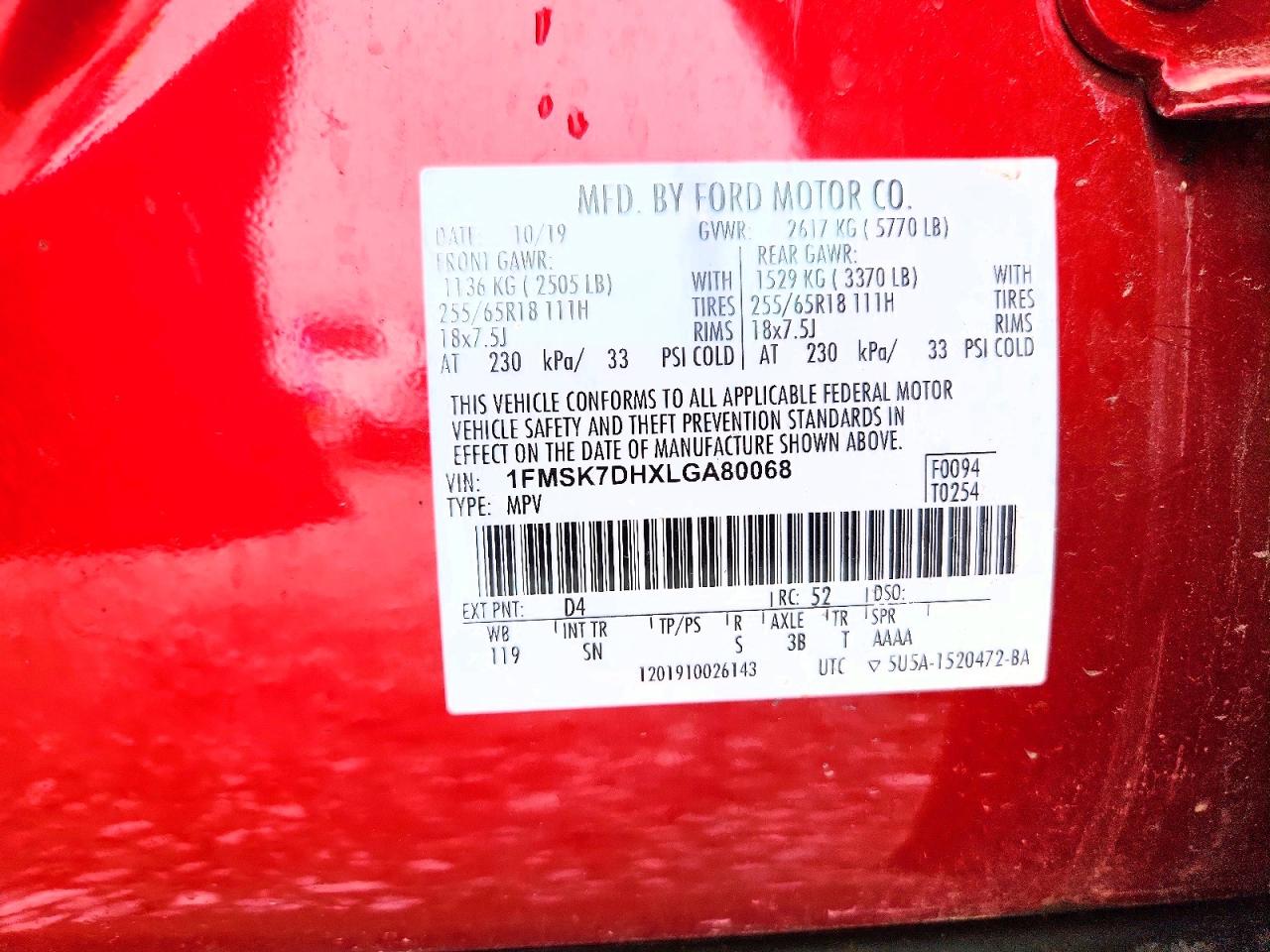 2020 Ford Explorer Xlt Red vin: 1FMSK7DHXLGA80068