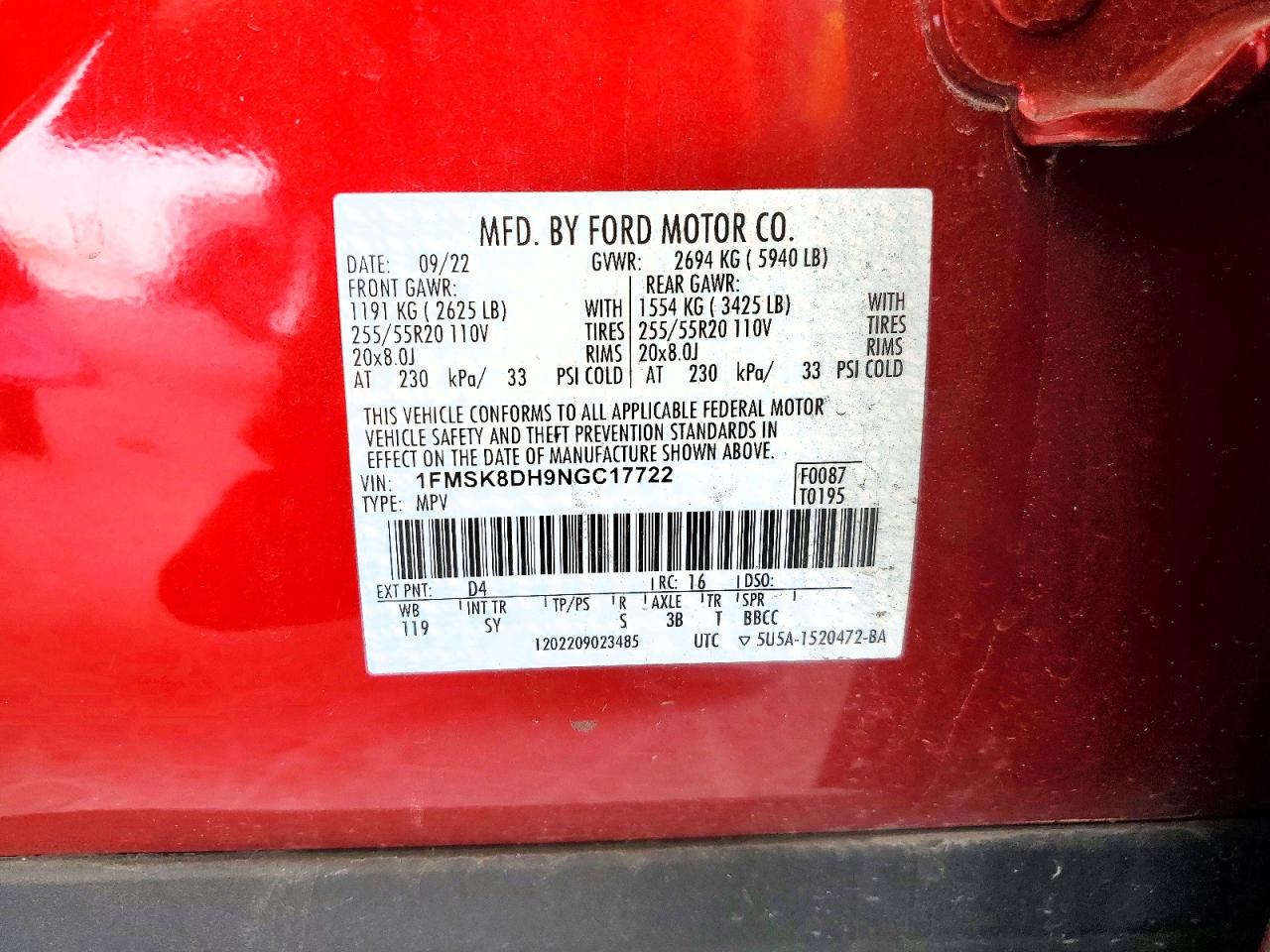 2022 Ford Explorer Red vin: 1FMSK8DH9NGC17722