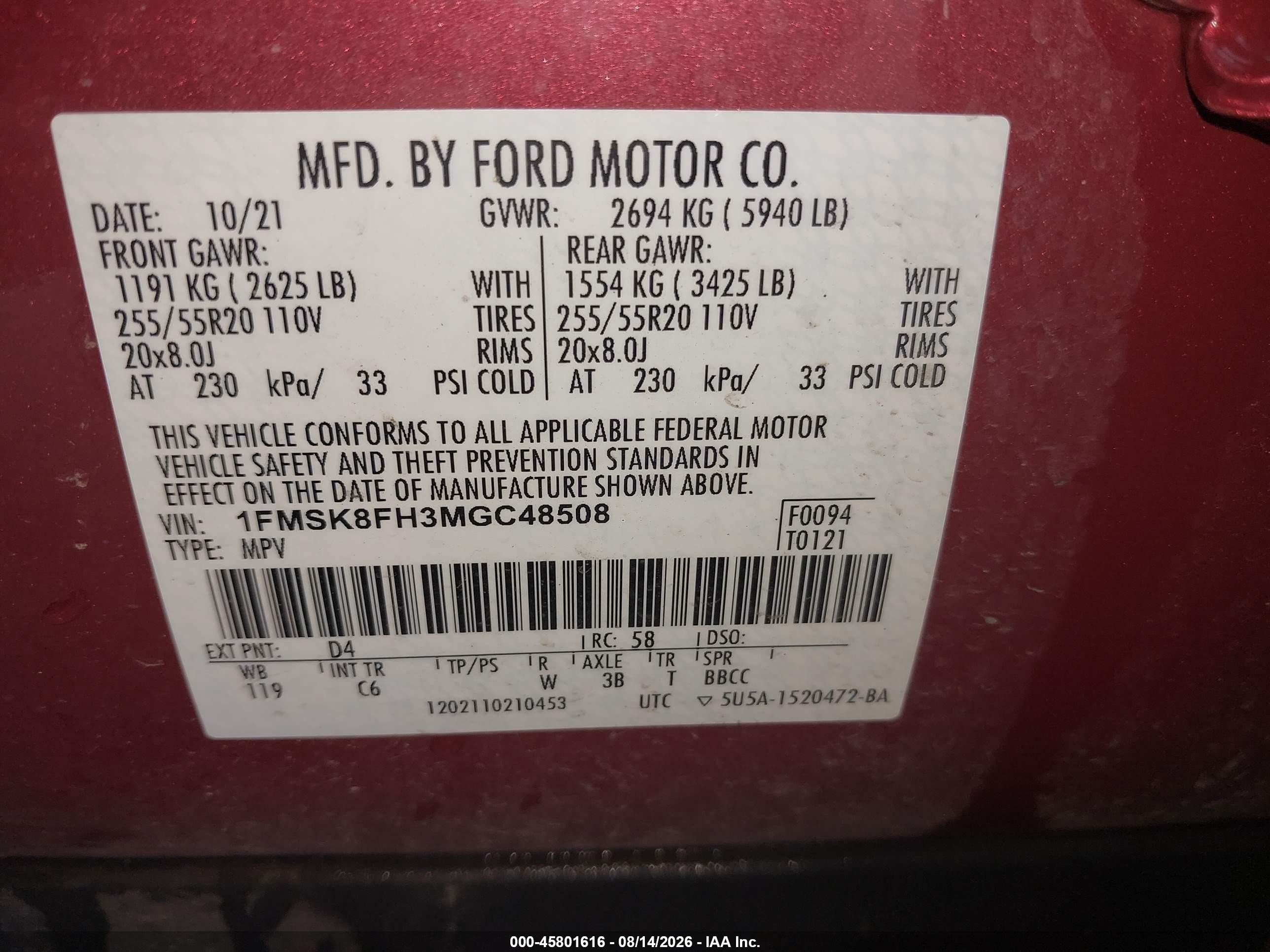 2021 Ford Explorer Limited Red vin: 1FMSK8FH3MGC48508