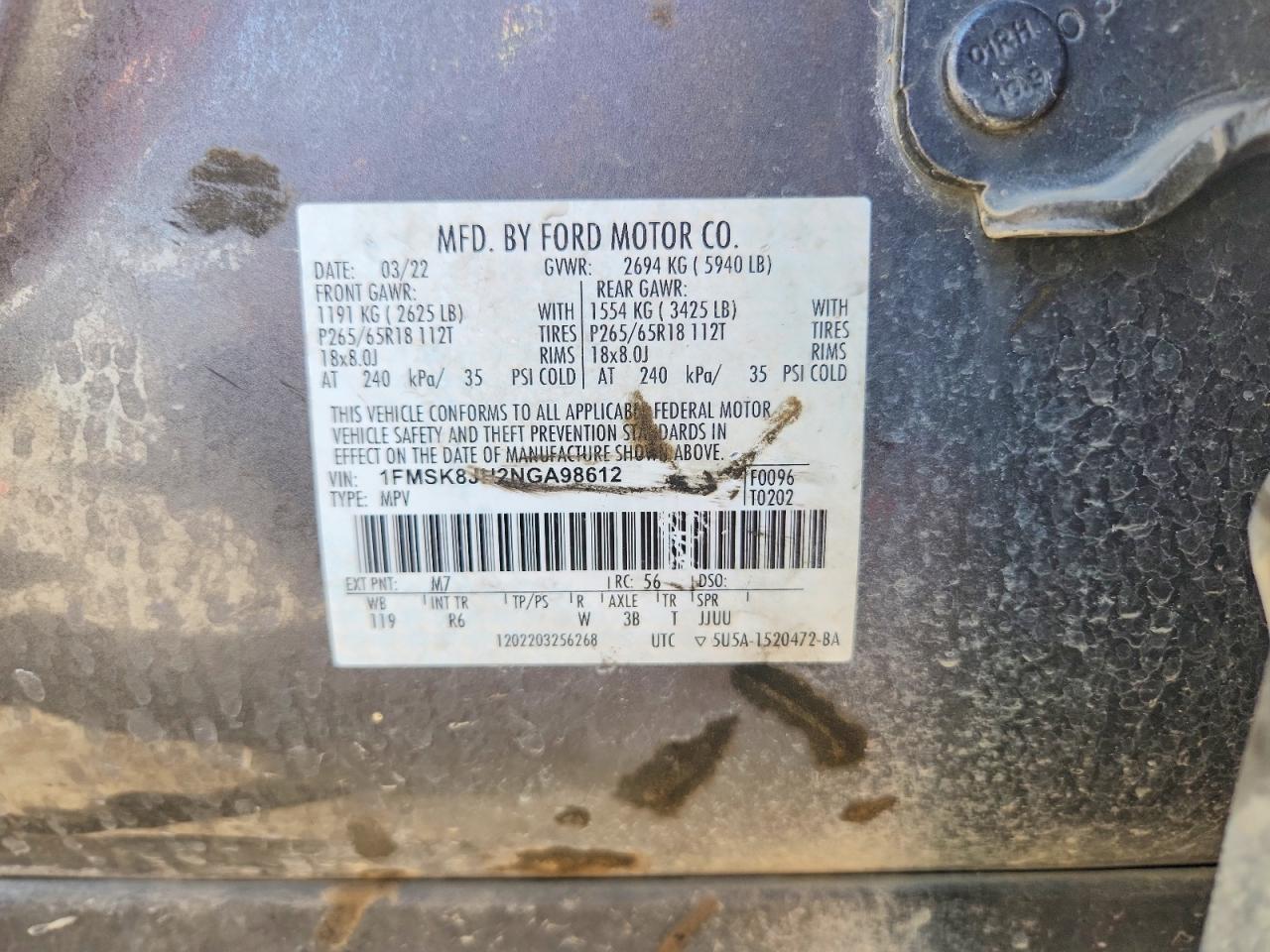 2022 Ford Explorer Timberline Charcoal vin: 1FMSK8JH2NGA98612