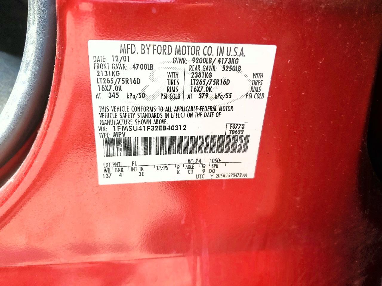 2002 Ford Excursion Xlt Red vin: 1FMSU41F32EB40312