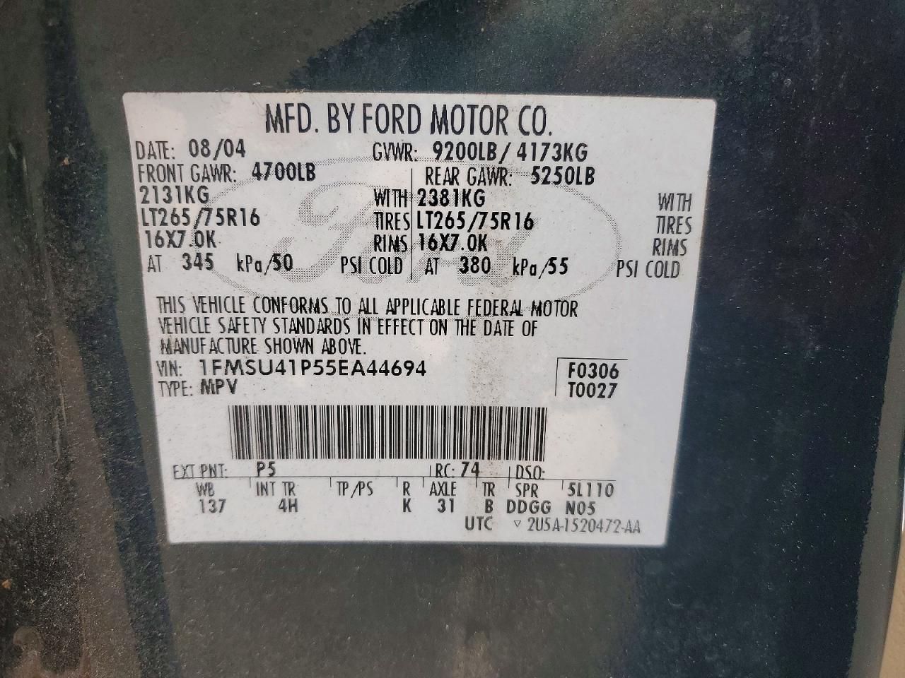 2005 Ford Excursion Xlt Зеленый vin: 1FMSU41P55EA44694