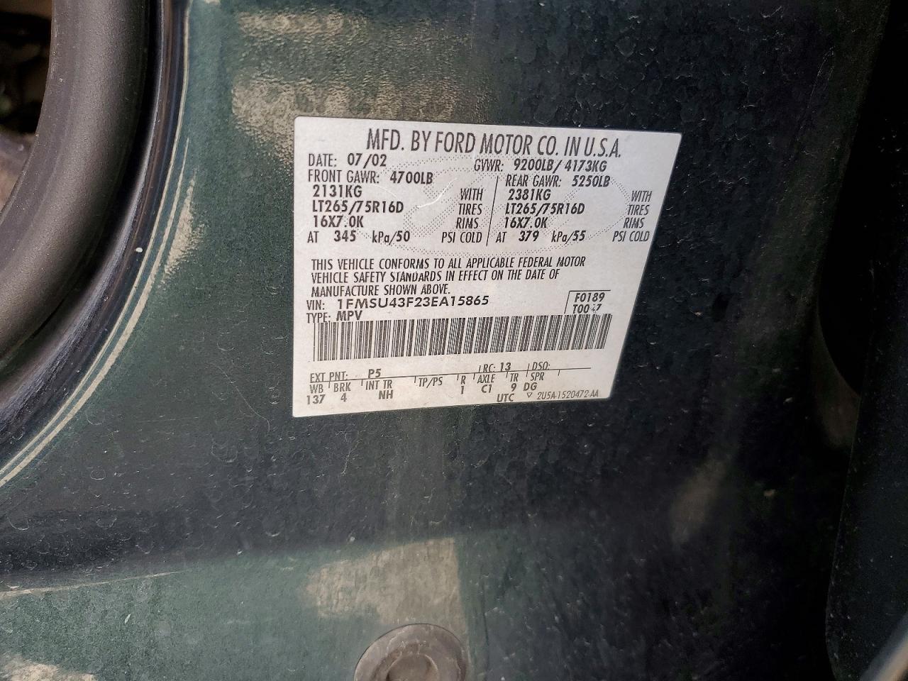2003 Ford Excursion Limited Green vin: 1FMSU43F23EA15865