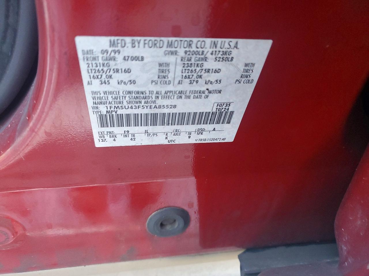 2000 Ford Excursion Limited Red vin: 1FMSU43F5YEA85528