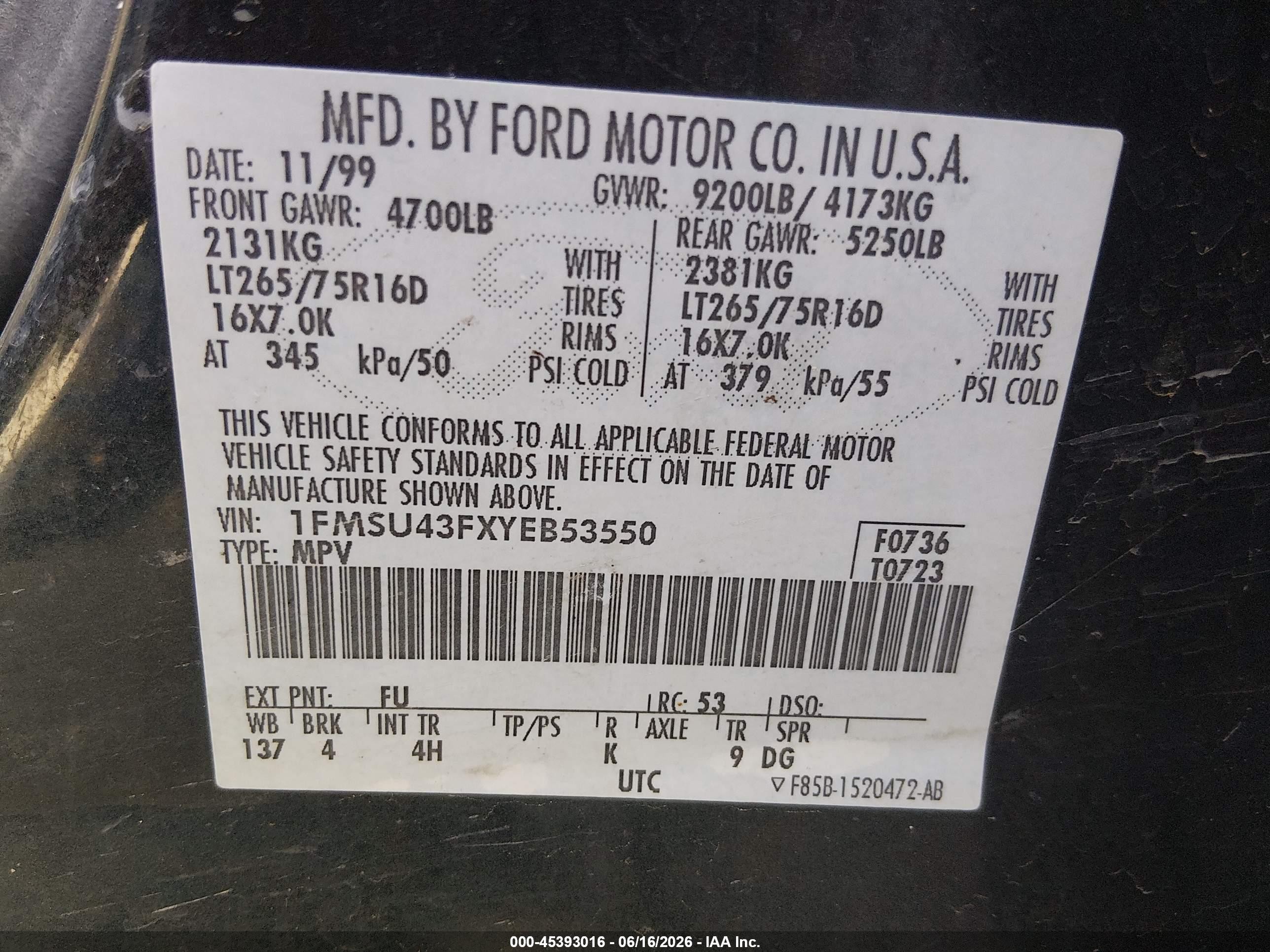 2000 Ford Excursion Limited Green vin: 1FMSU43FXYEB53550