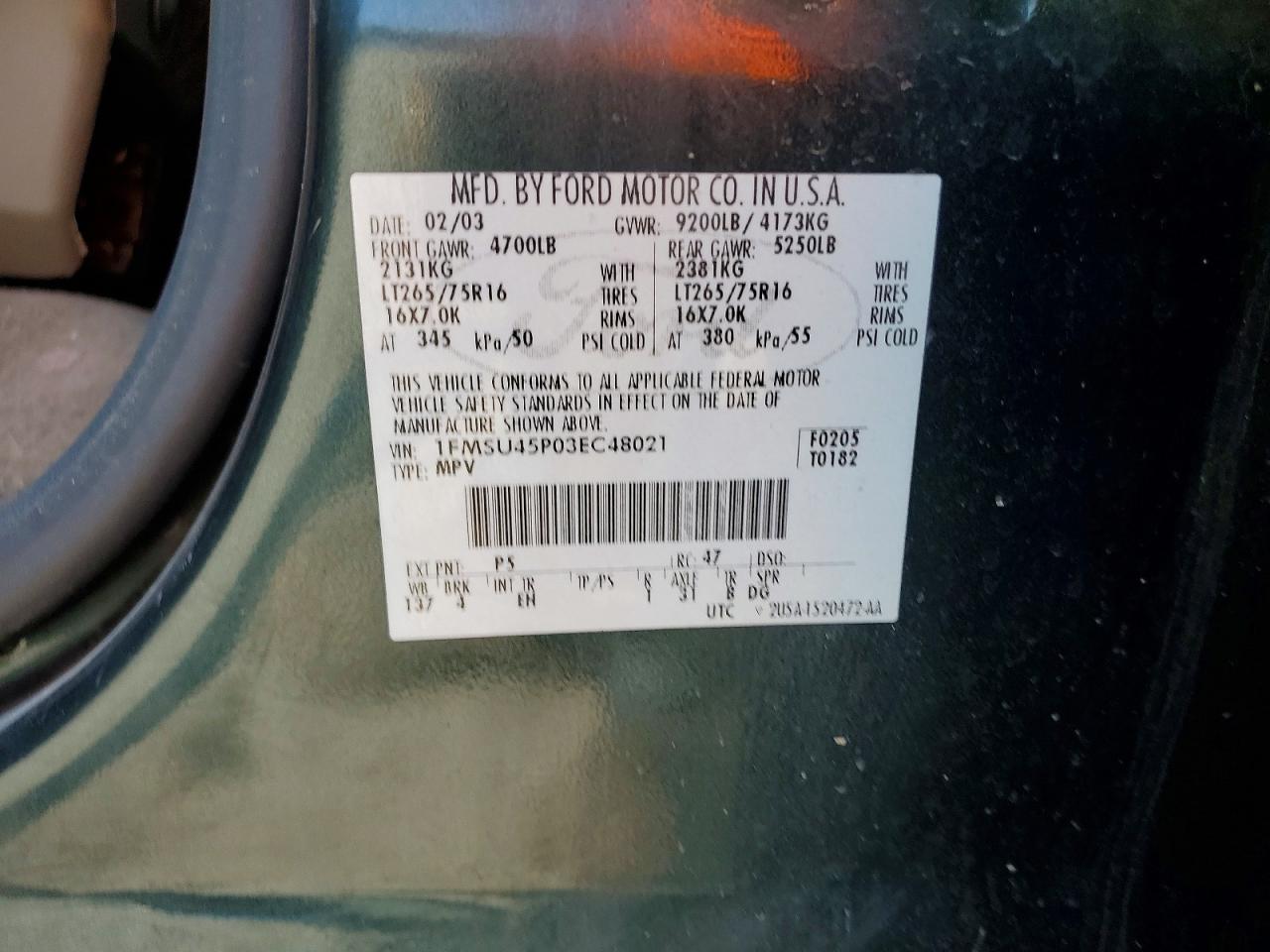 2003 Ford Excursion Eddie Bauer Green vin: 1FMSU45P03EC48021