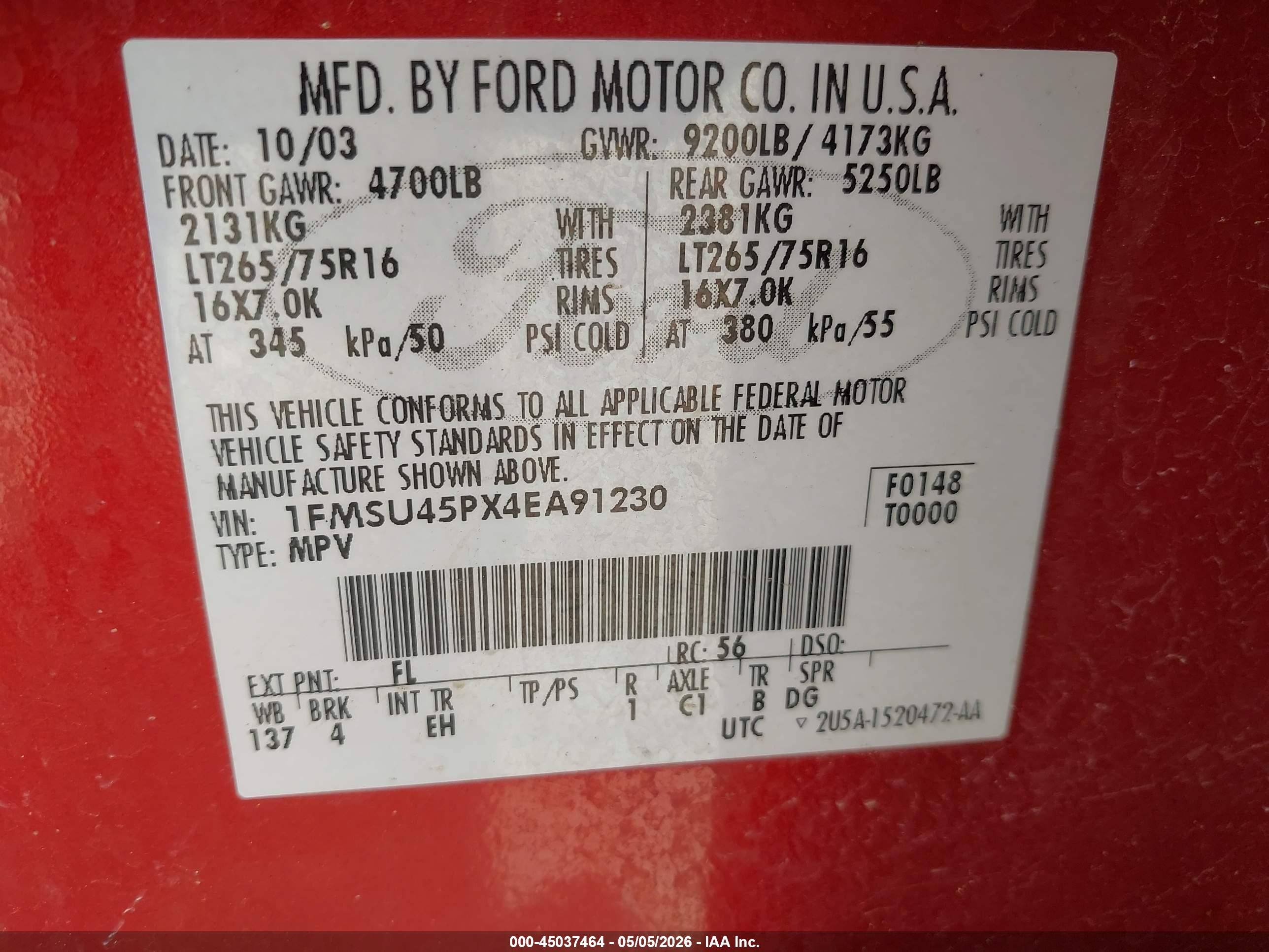 2004 Ford Excursion Eddie Bauer Red vin: 1FMSU45PX4EA91230