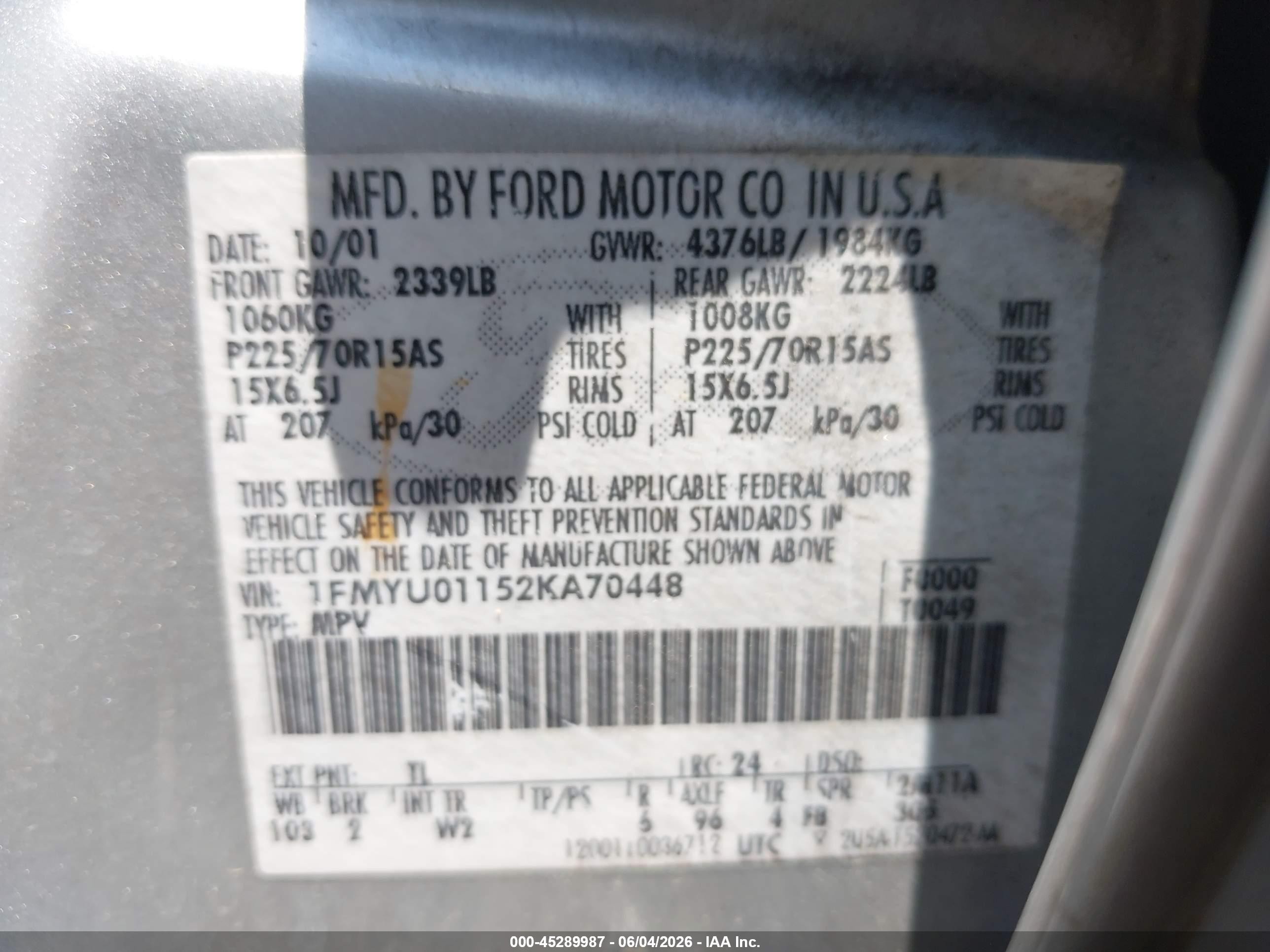 2002 Ford Escape Xls Silver vin: 1FMYU01152KA70448