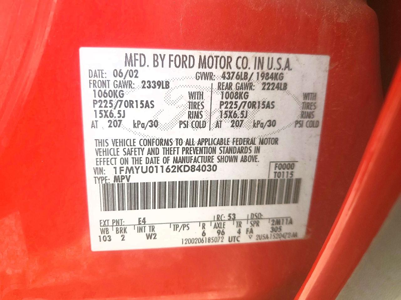2002 Ford Escape Red vin: 1FMYU01162KD84030