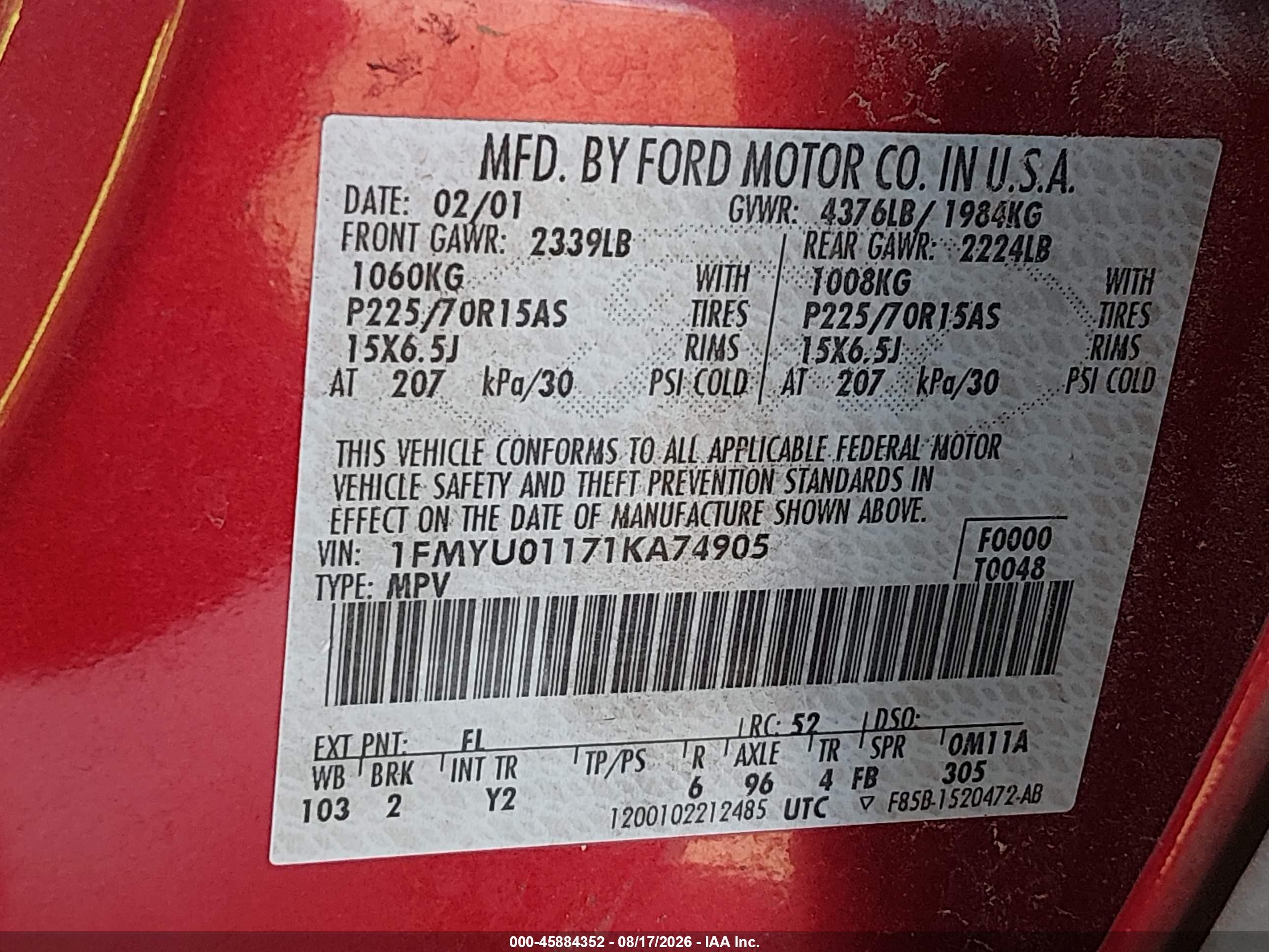 2001 Ford Escape Xls Red vin: 1FMYU01171KA74905