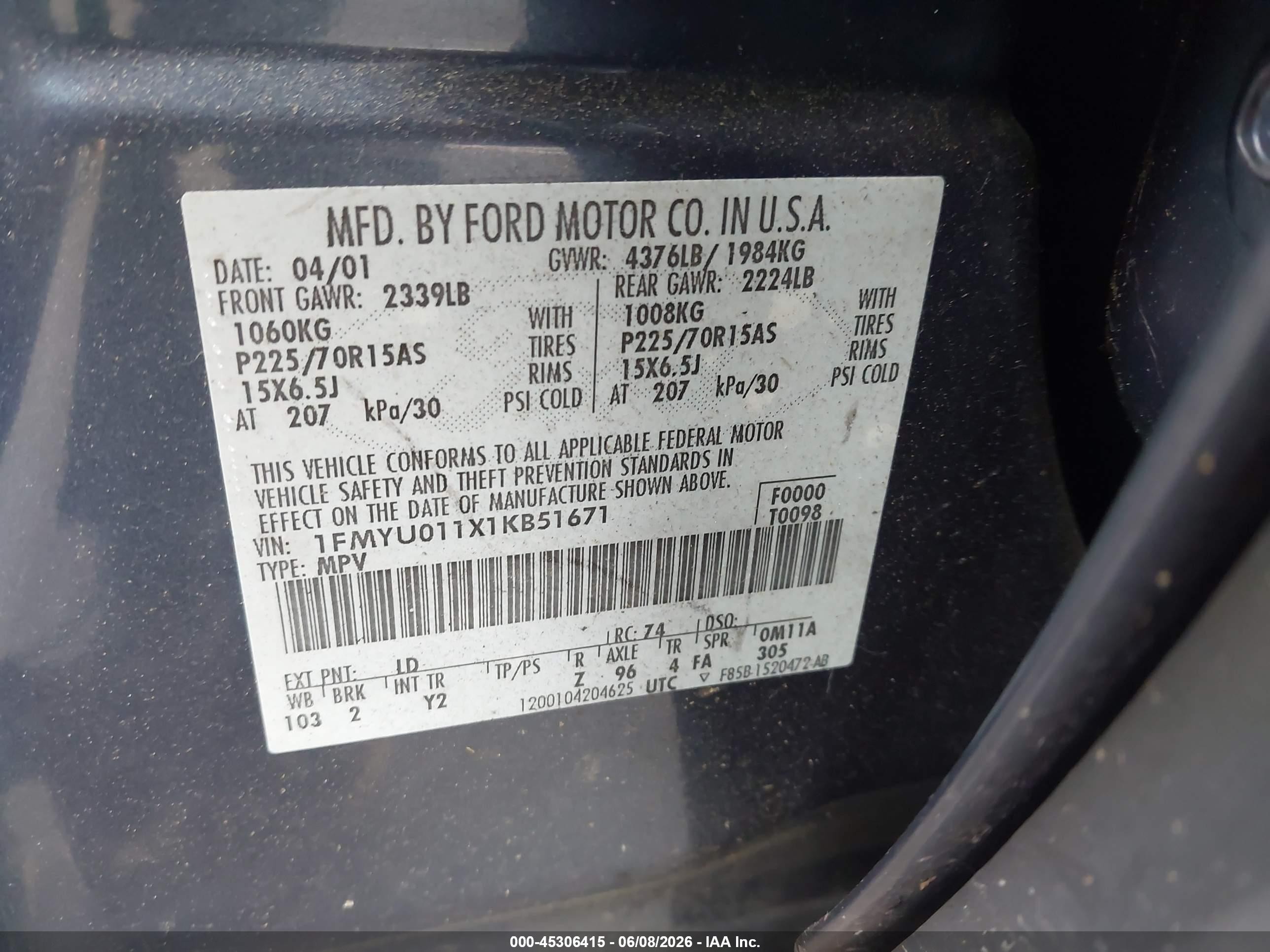 2001 Ford Escape Xls Blue vin: 1FMYU011X1KB51671