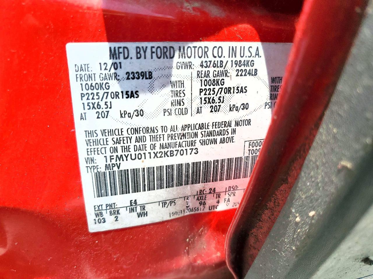 2002 Ford Escape Xls Red vin: 1FMYU011X2KB70173