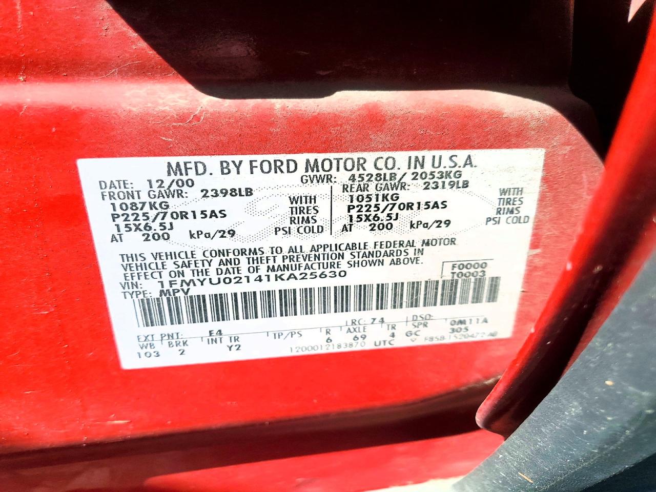 2001 Ford Escape Xls Red vin: 1FMYU02141KA25630