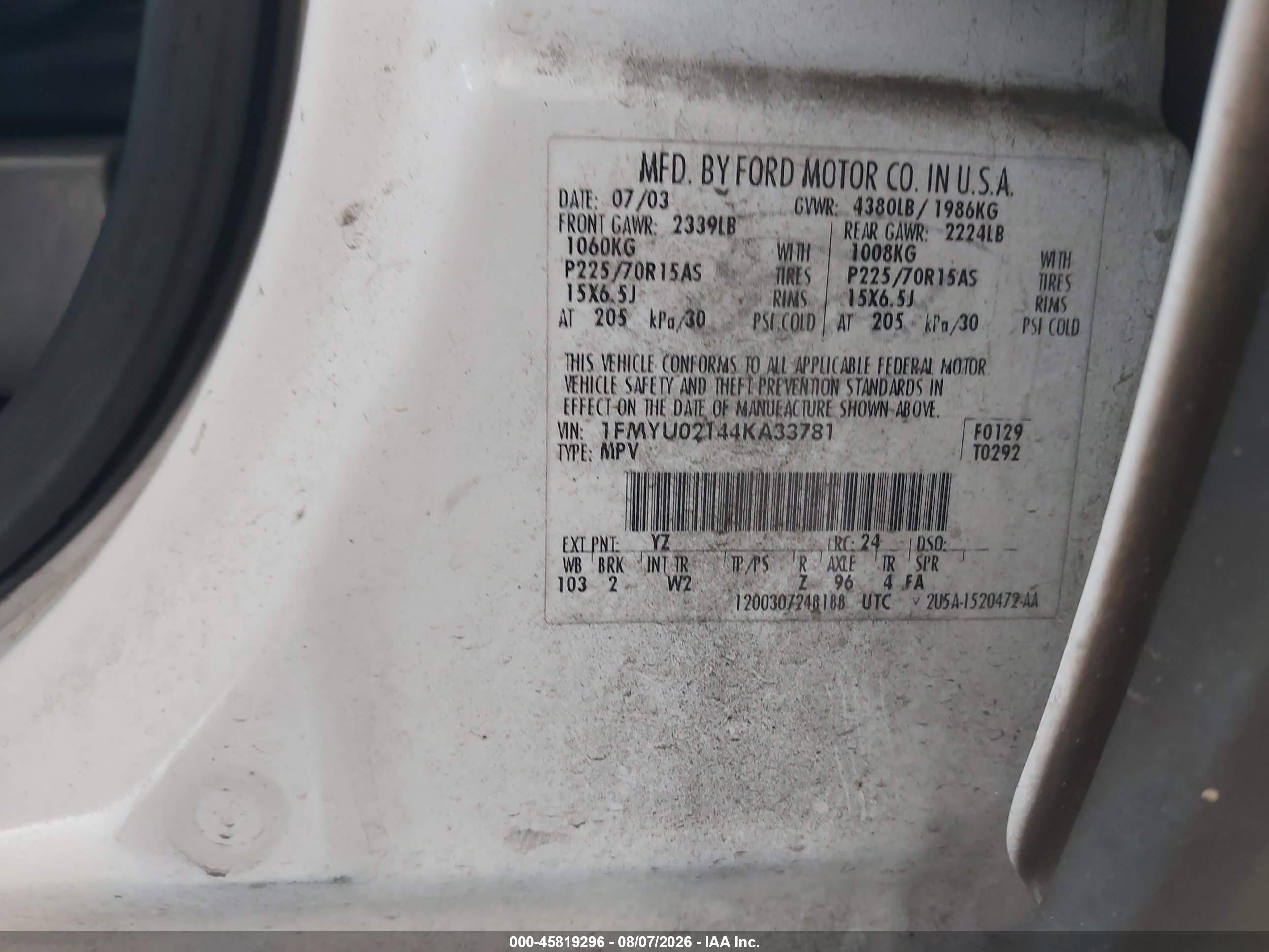 2004 Ford Escape Xls White vin: 1FMYU02144KA33781