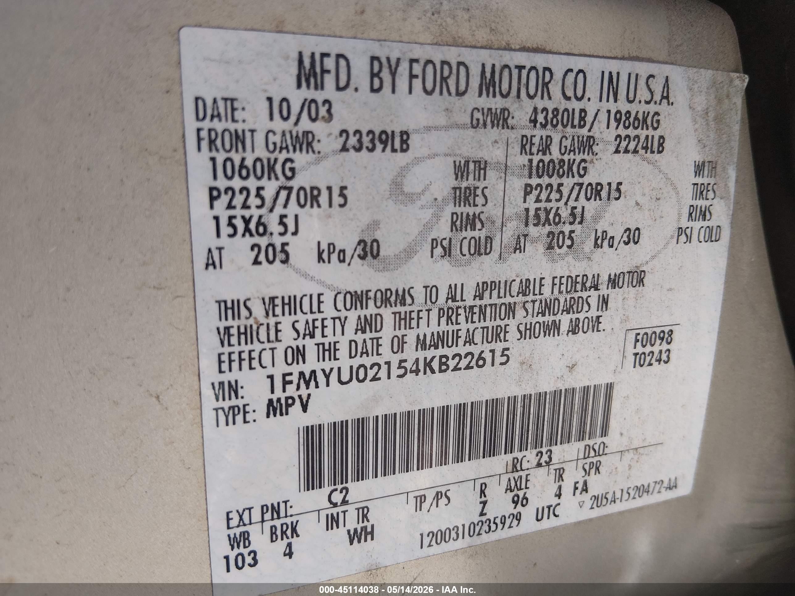 2004 Ford Escape Xls Gray vin: 1FMYU02154KB22615