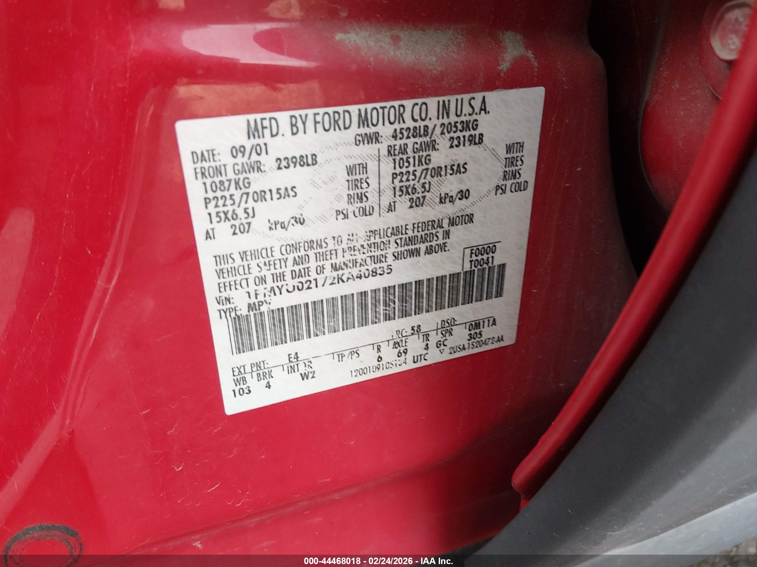 2002 Ford Escape Xls Red vin: 1FMYU02172KA40835