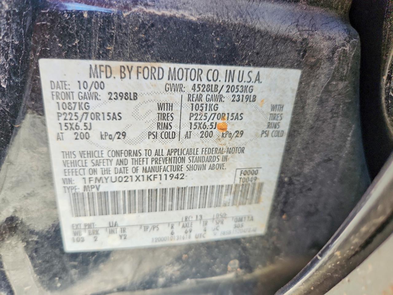 2001 Ford Escape Xls Black vin: 1FMYU021X1KF11942