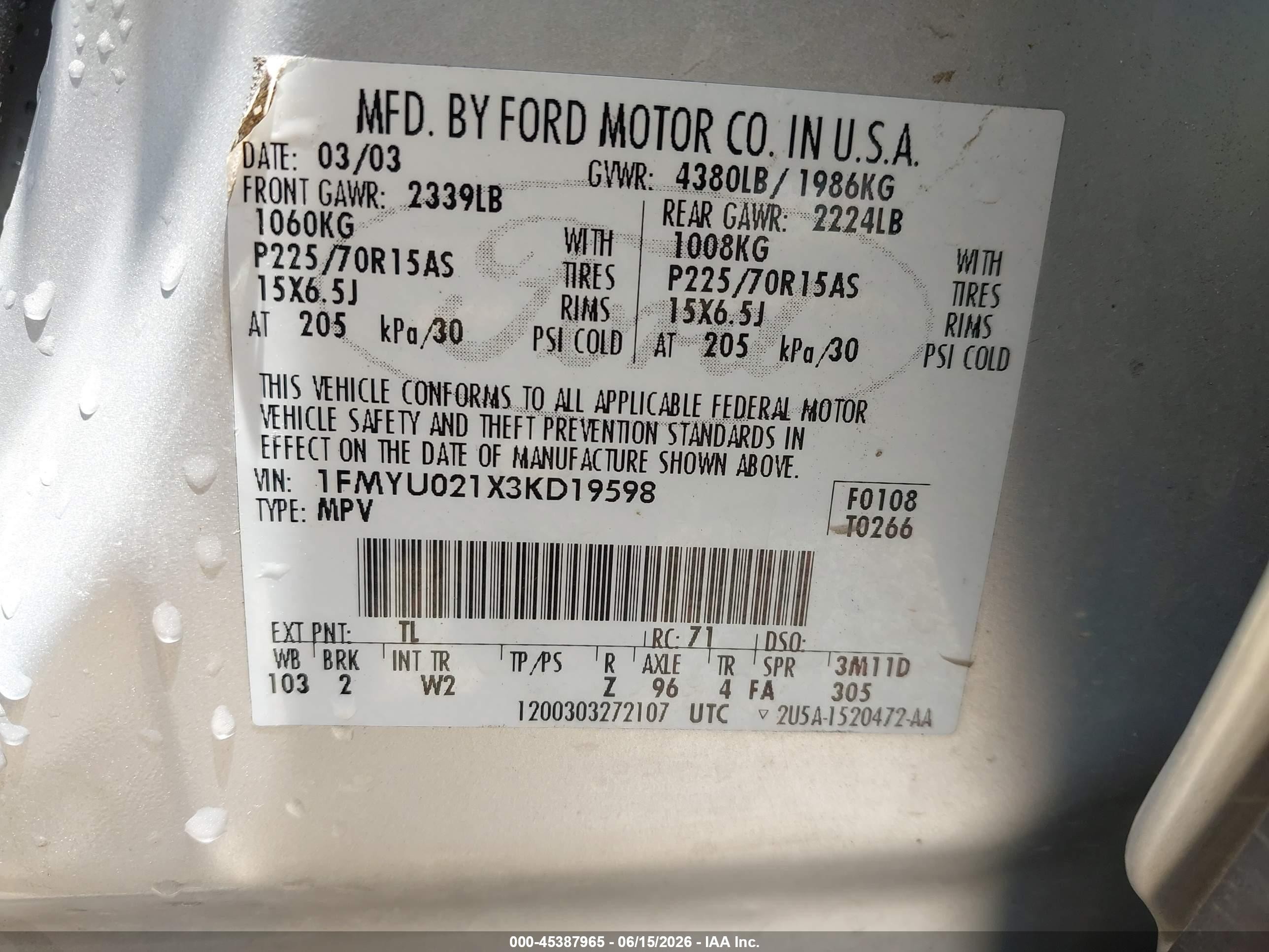 2003 Ford Escape Xls Silver vin: 1FMYU021X3KD19598