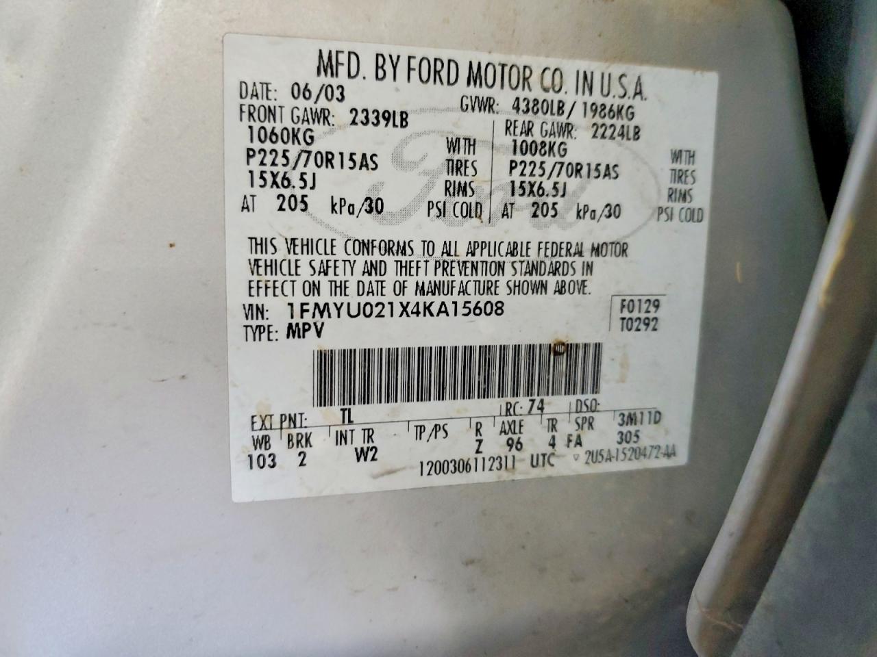 2004 Ford Escape Xls Silver vin: 1FMYU021X4KA15608