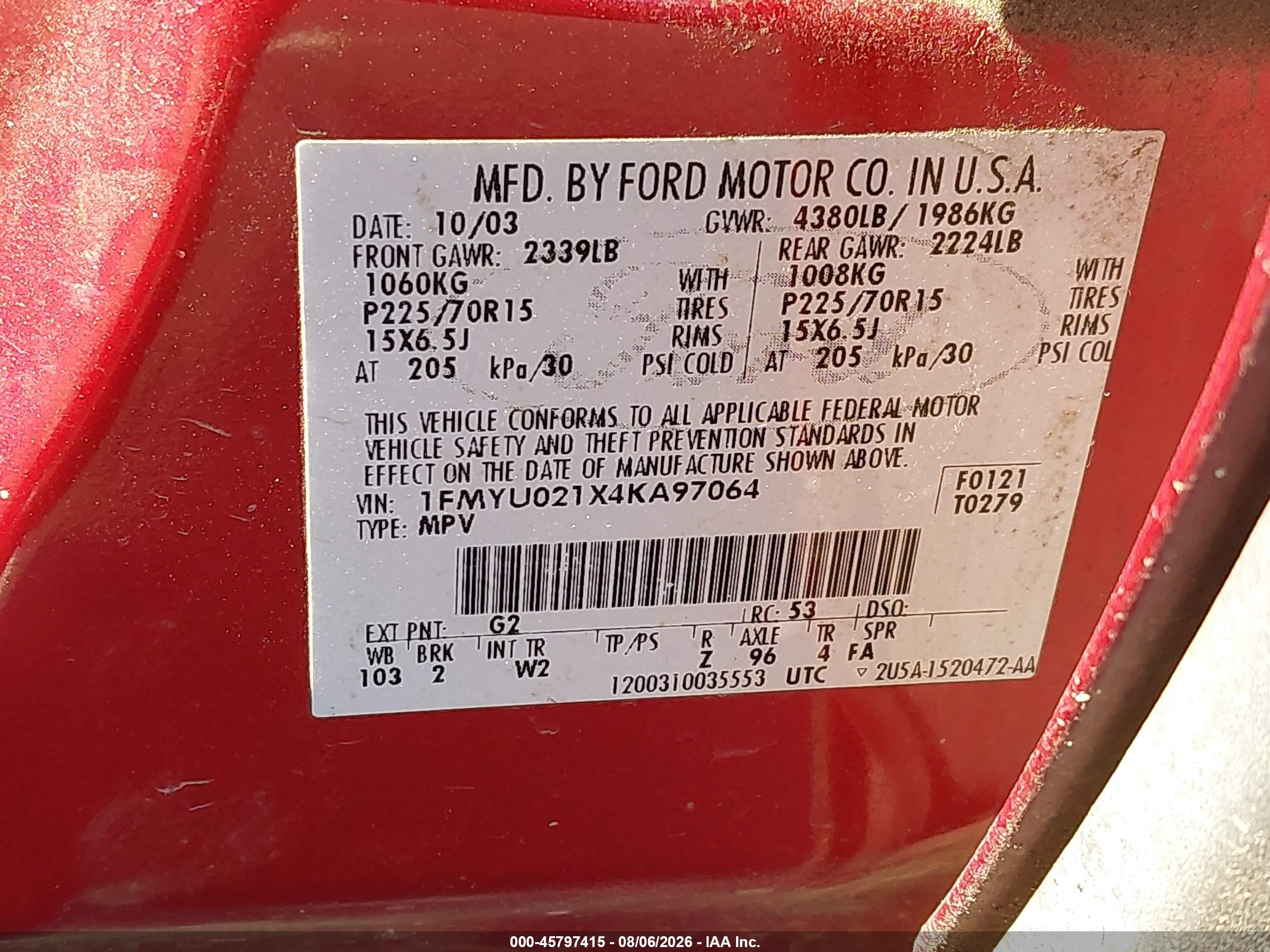 2004 Ford Escape Xls Burgundy vin: 1FMYU021X4KA97064