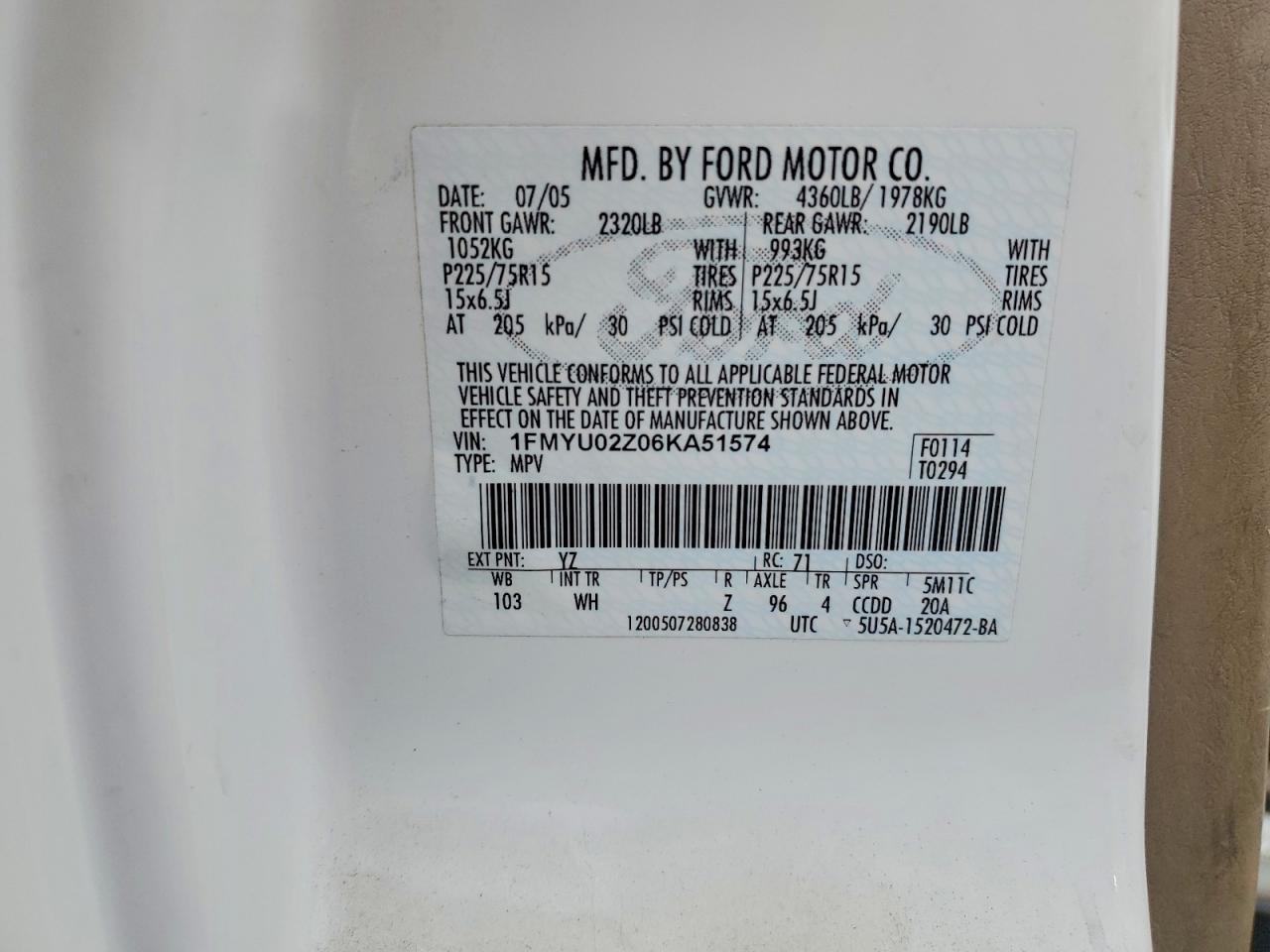 2006 Ford Escape Xls White vin: 1FMYU02Z06KA51574