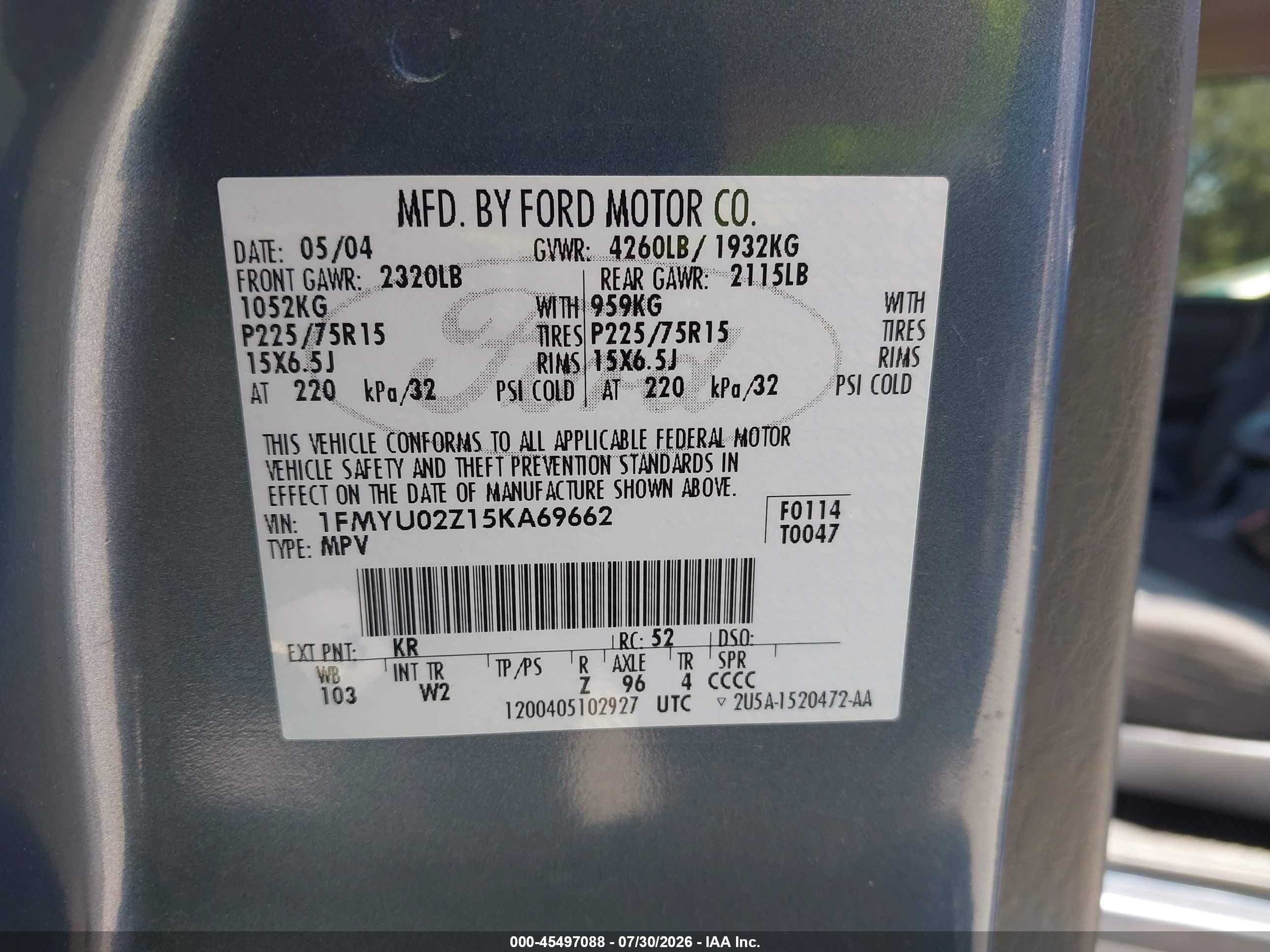 2005 Ford Escape Xls Teal vin: 1FMYU02Z15KA69662