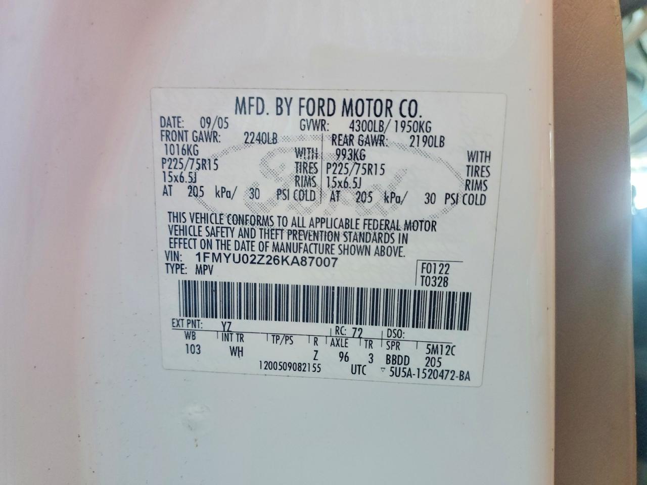 2006 Ford Escape Xls White vin: 1FMYU02Z26KA87007