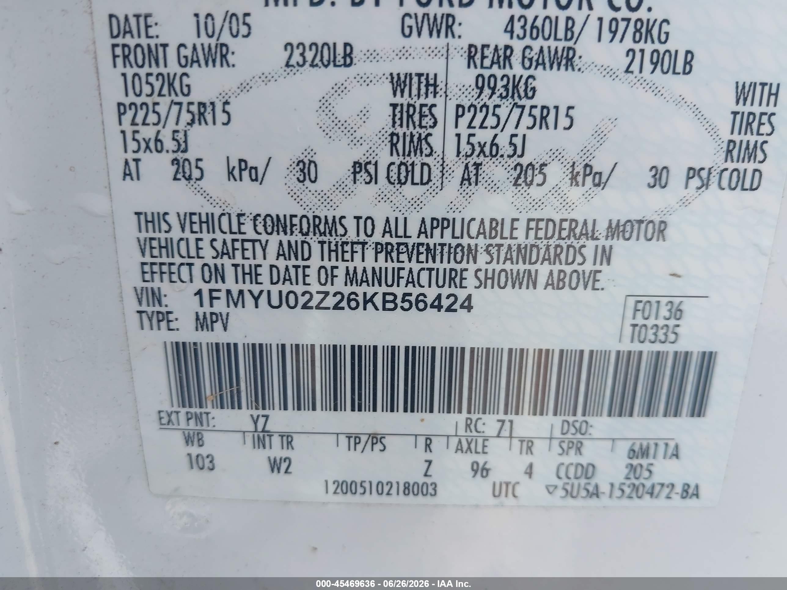 2006 Ford Escape Xls/xls Manual White vin: 1FMYU02Z26KB56424