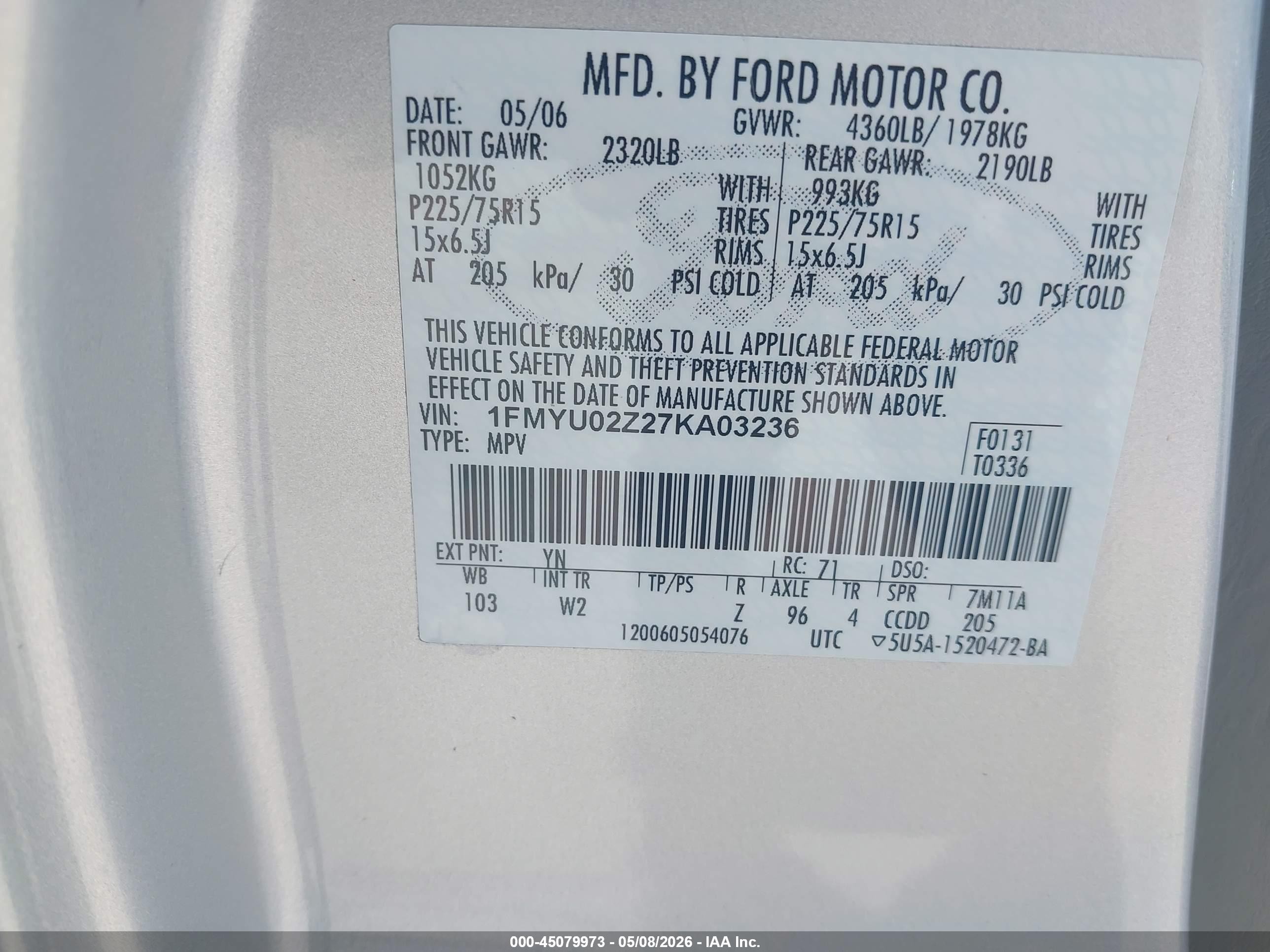 2007 Ford Escape Xls/xls Manual Silver vin: 1FMYU02Z27KA03236