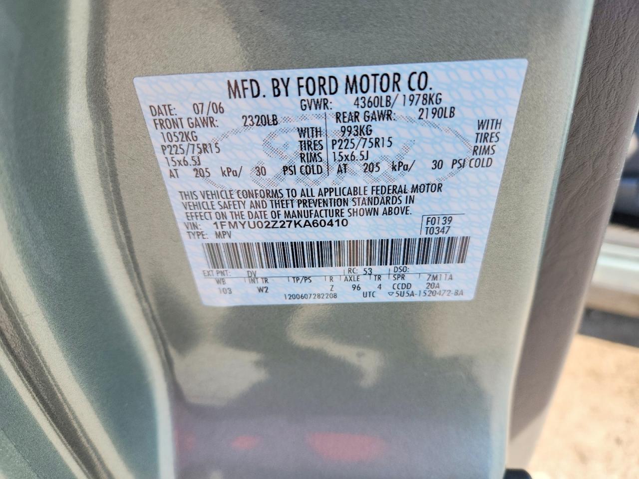 2007 Ford Escape Xls Teal vin: 1FMYU02Z27KA60410