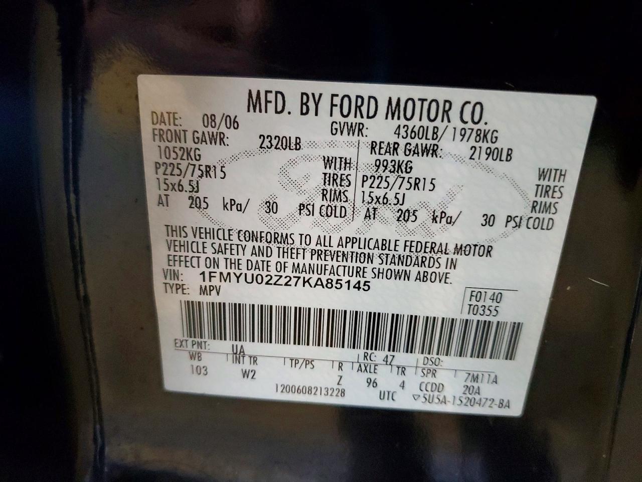 2007 Ford Escape Xls Black vin: 1FMYU02Z27KA85145