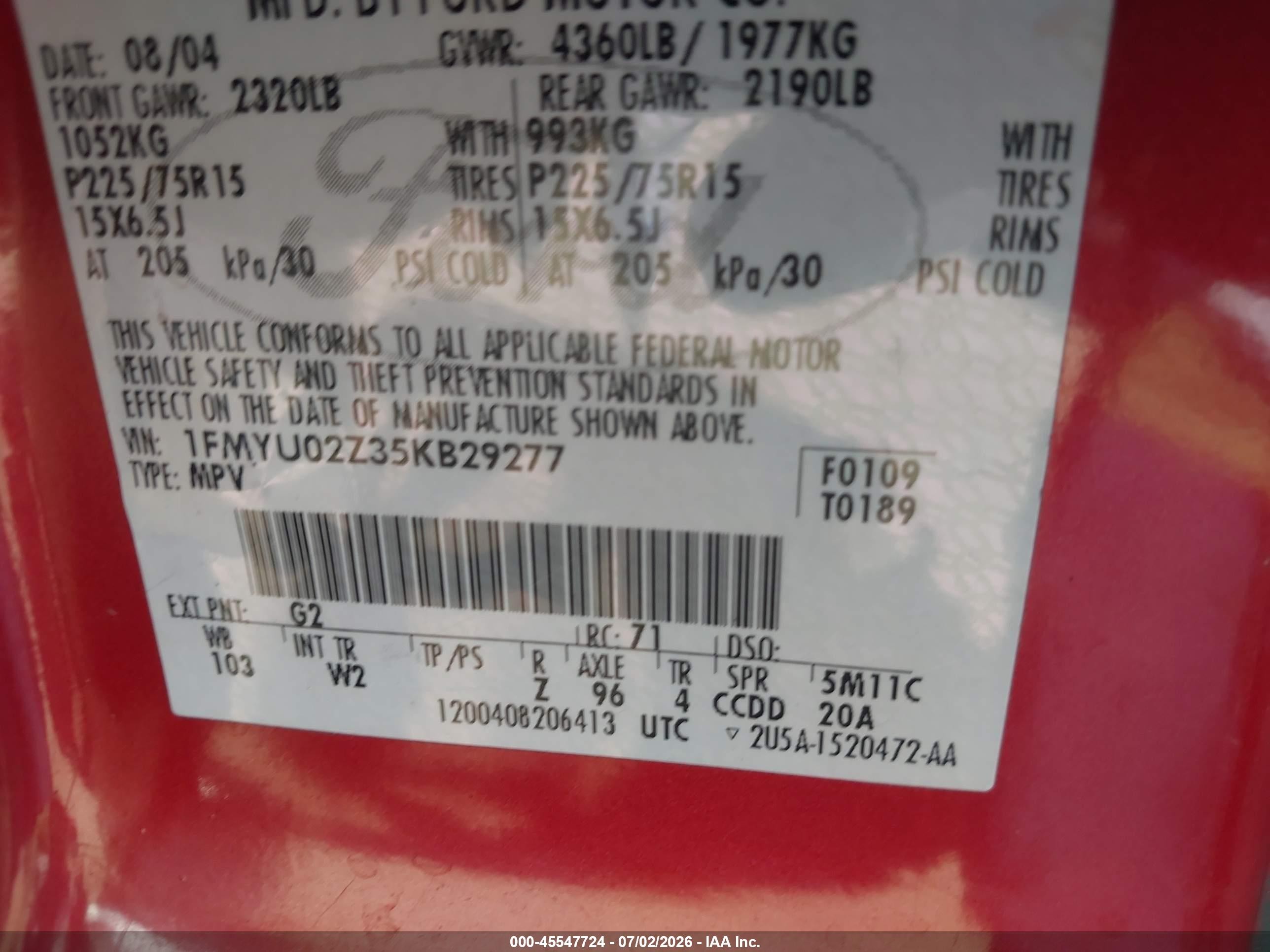 2005 Ford Escape Xls Burgundy vin: 1FMYU02Z35KB29277