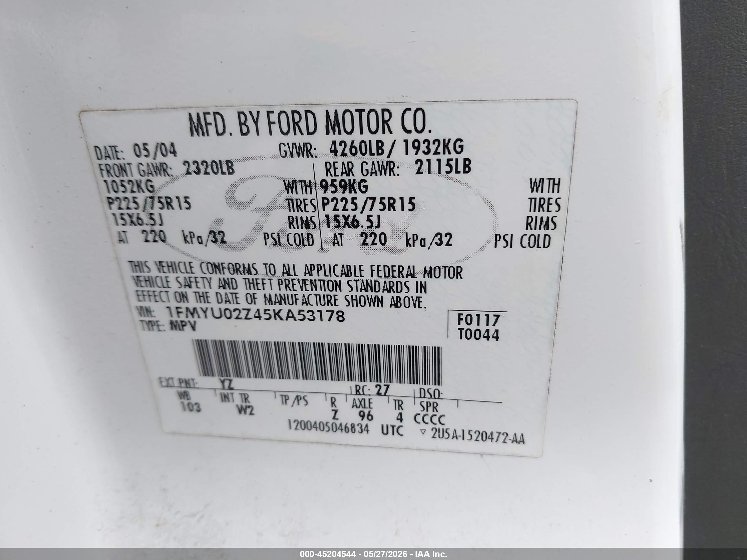 2005 Ford Escape Xls White vin: 1FMYU02Z45KA53178