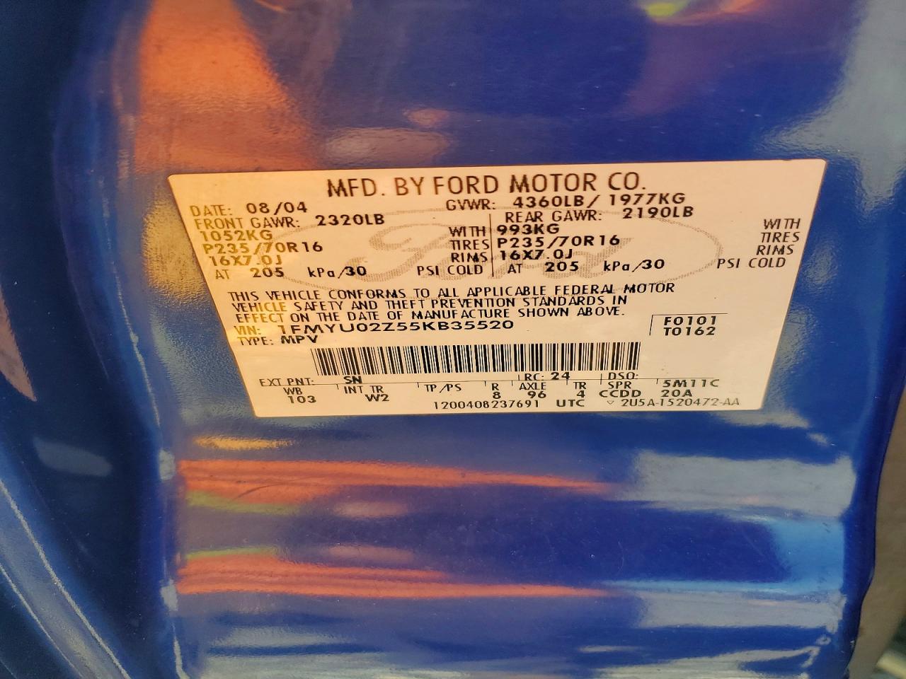 2005 Ford Escape Xls Blue vin: 1FMYU02Z55KB35520