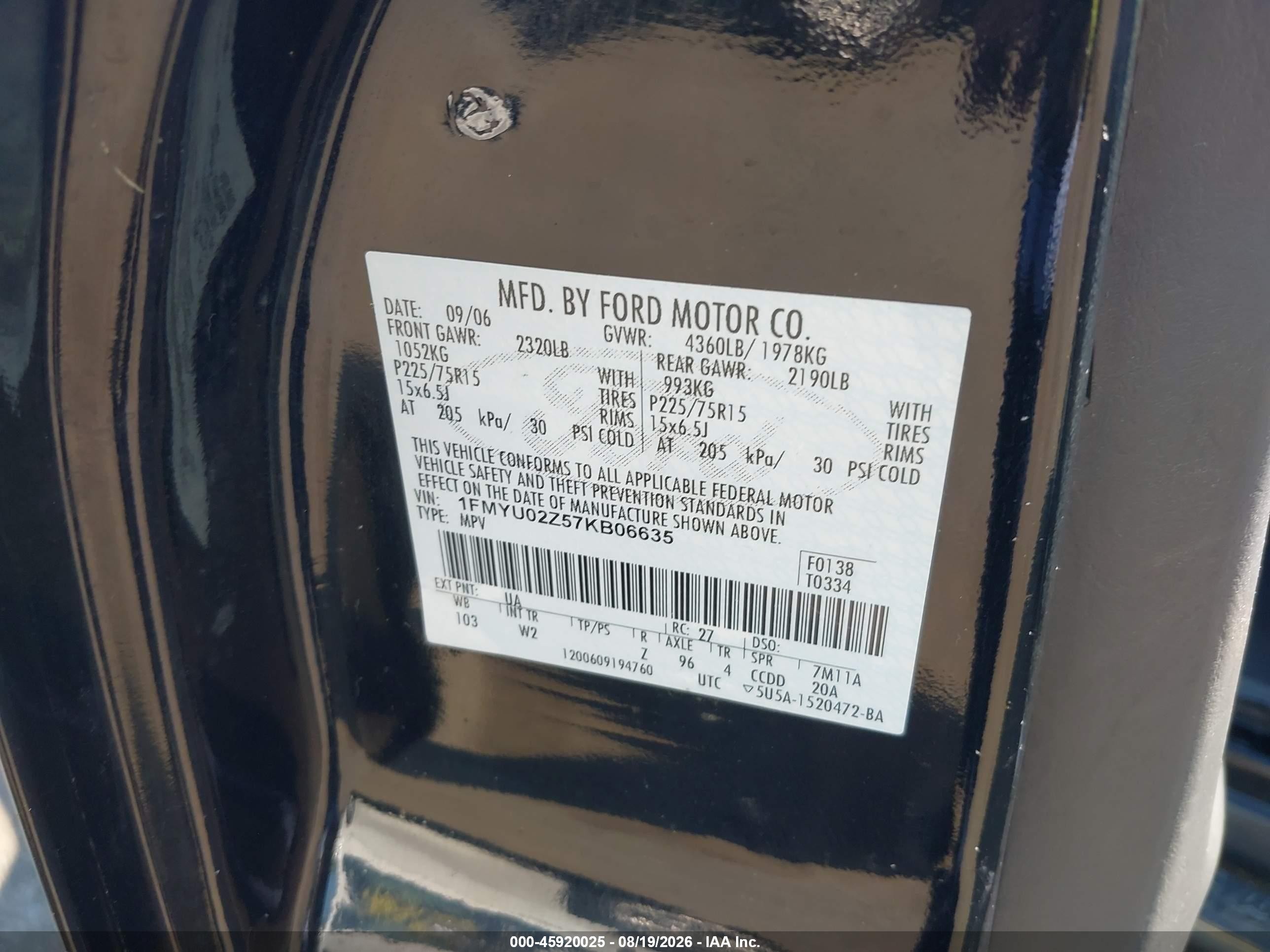 2007 Ford Escape Xls/xls Manual Black vin: 1FMYU02Z57KB06635