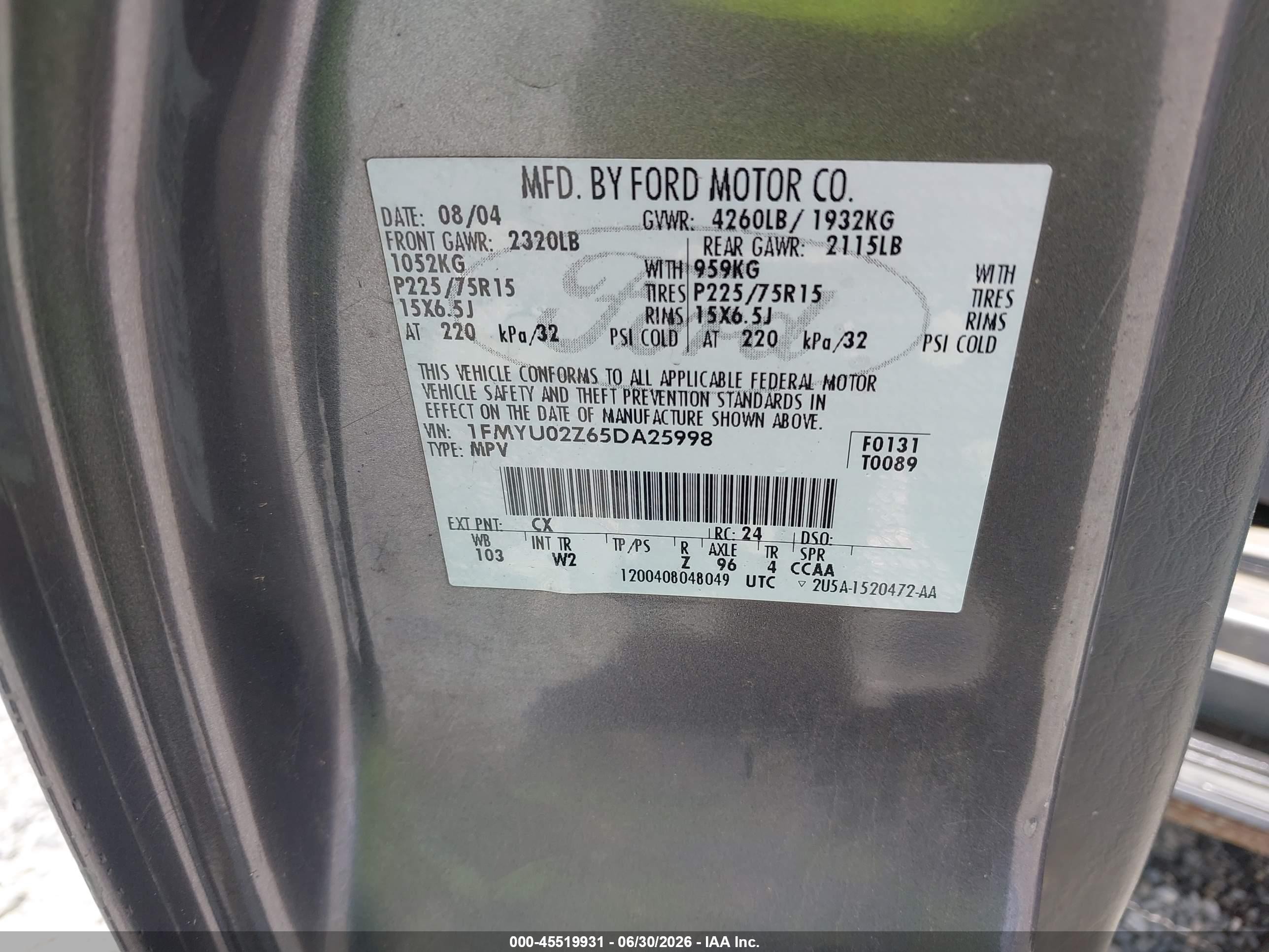 2005 Ford Escape Xls Gray vin: 1FMYU02Z65DA25998