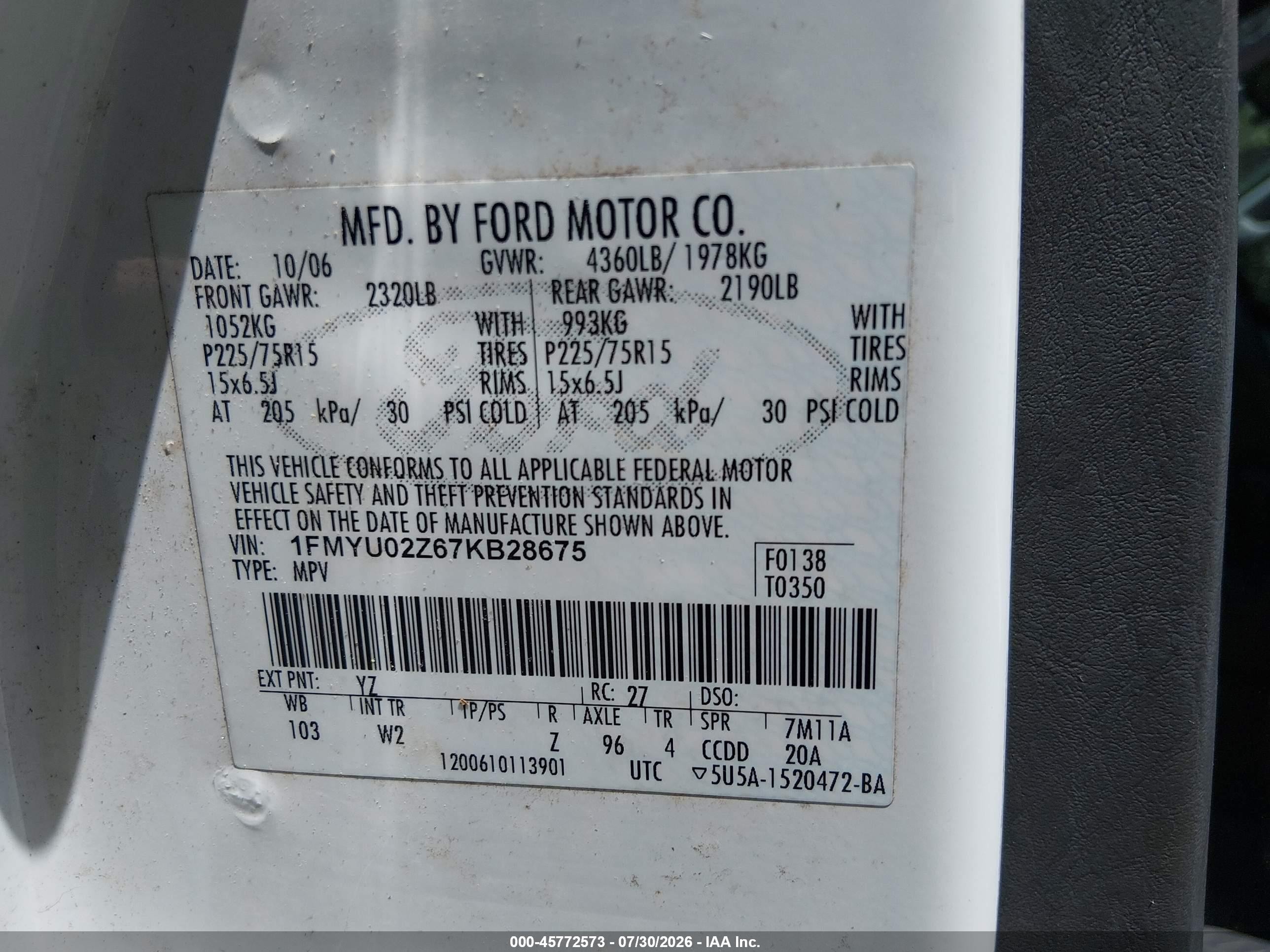 2007 Ford Escape Xls/xls Manual White vin: 1FMYU02Z67KB28675