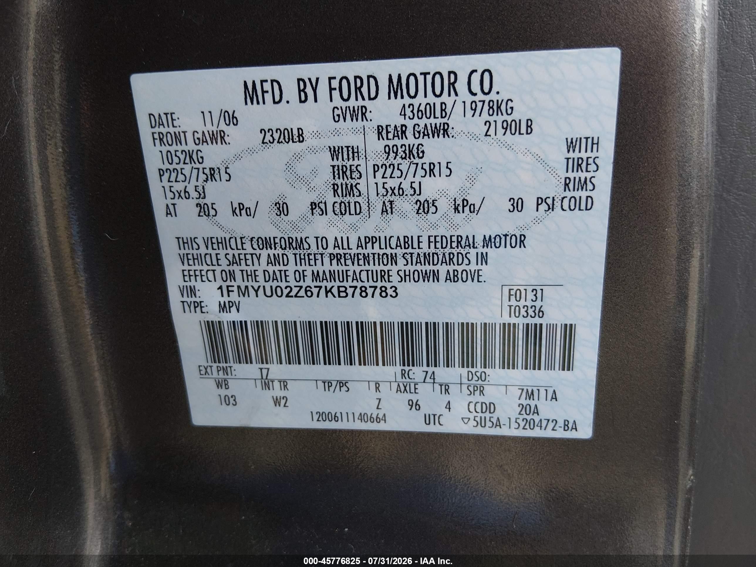 2007 Ford Escape Xls/xls Manual Brown vin: 1FMYU02Z67KB78783
