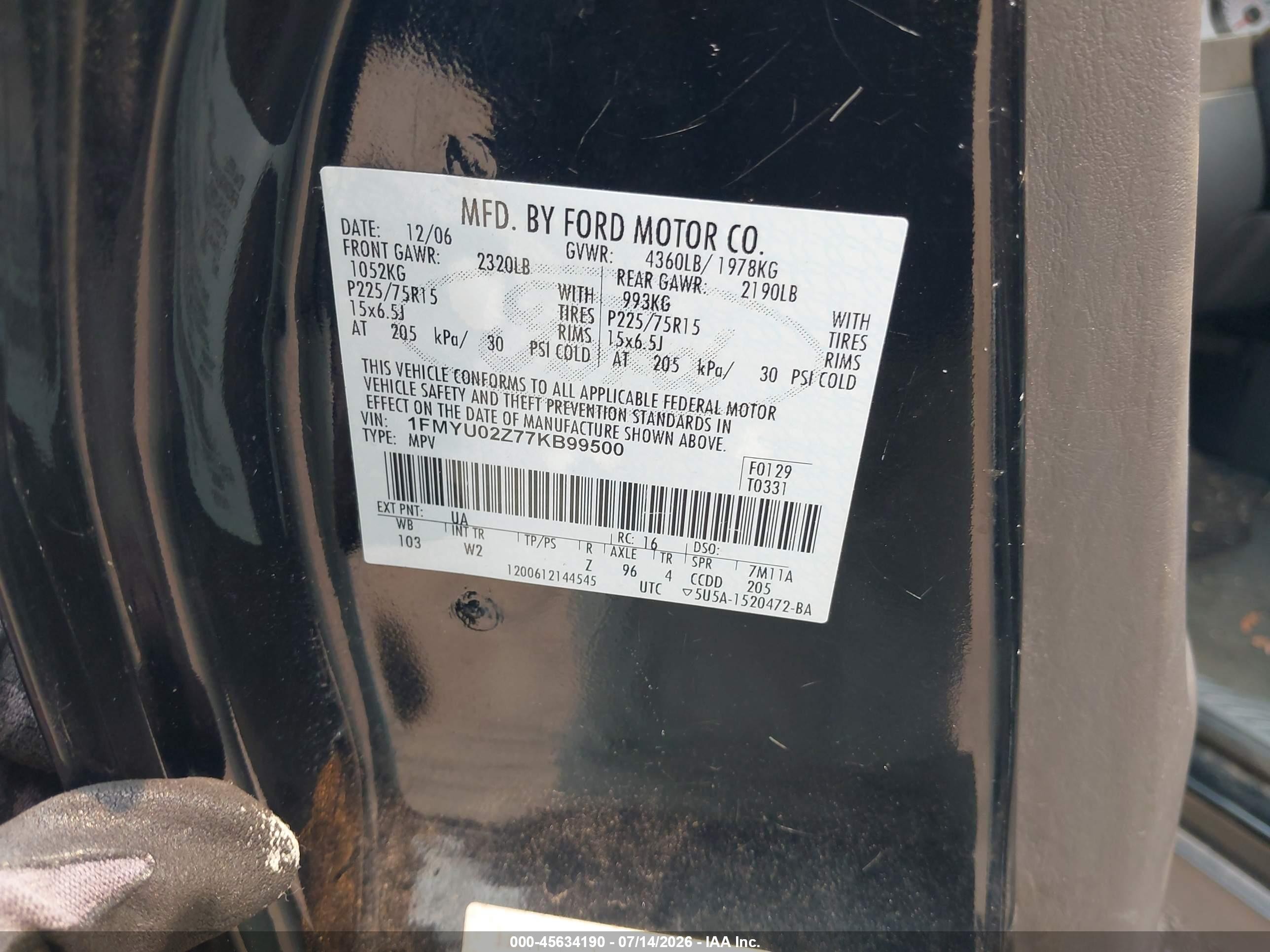 2007 Ford Escape Xls/xls Manual Черный vin: 1FMYU02Z77KB99500
