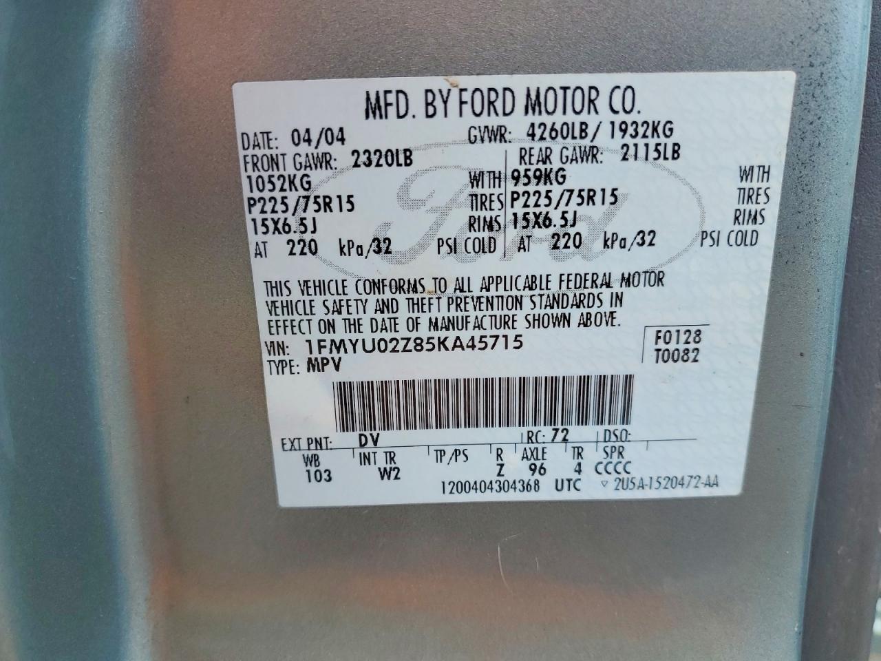2005 Ford Escape Xls Teal vin: 1FMYU02Z85KA45715