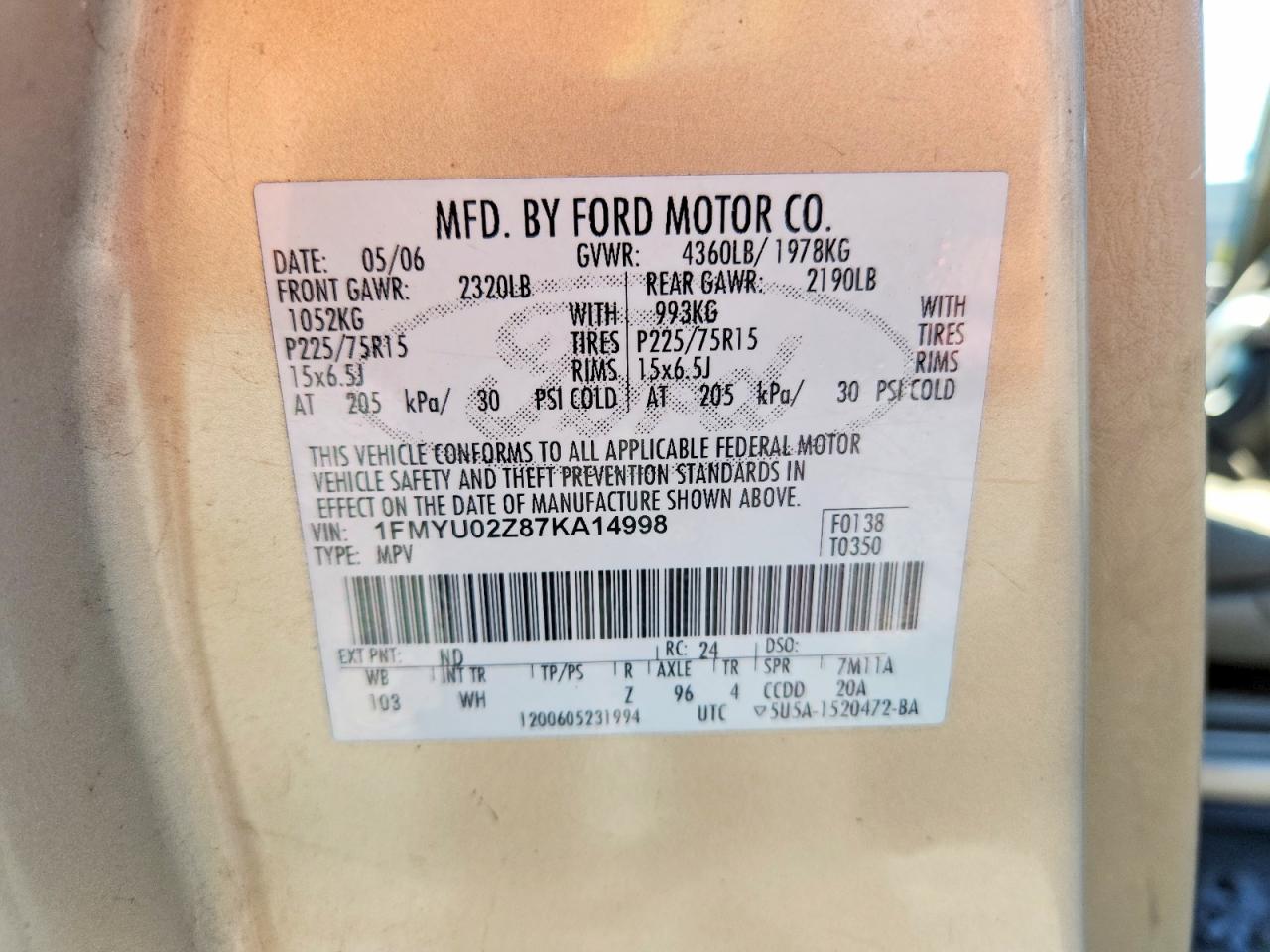 2007 Ford Escape Xls Tan vin: 1FMYU02Z87KA14998