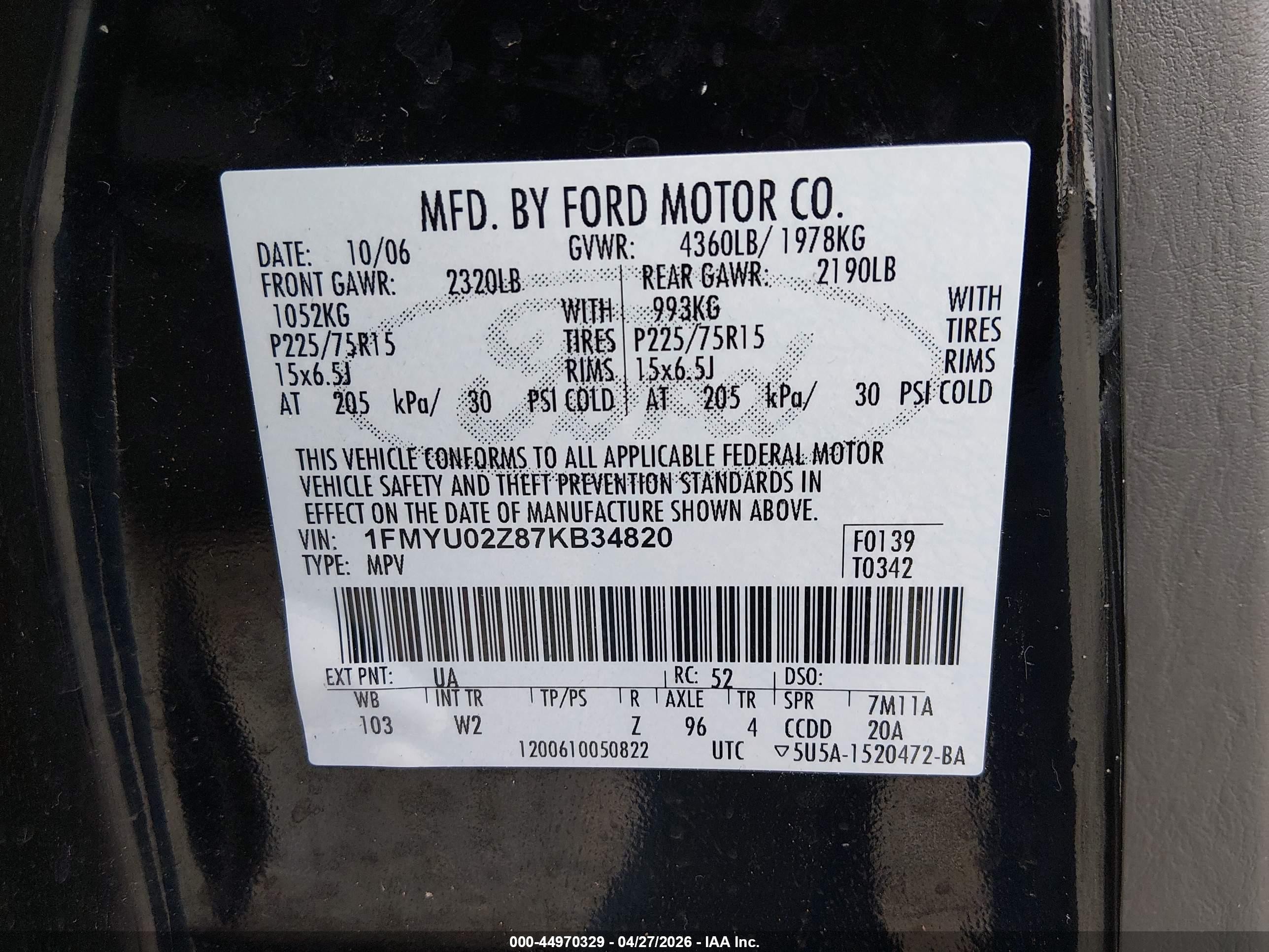 2007 Ford Escape Xls/xls Manual Black vin: 1FMYU02Z87KB34820